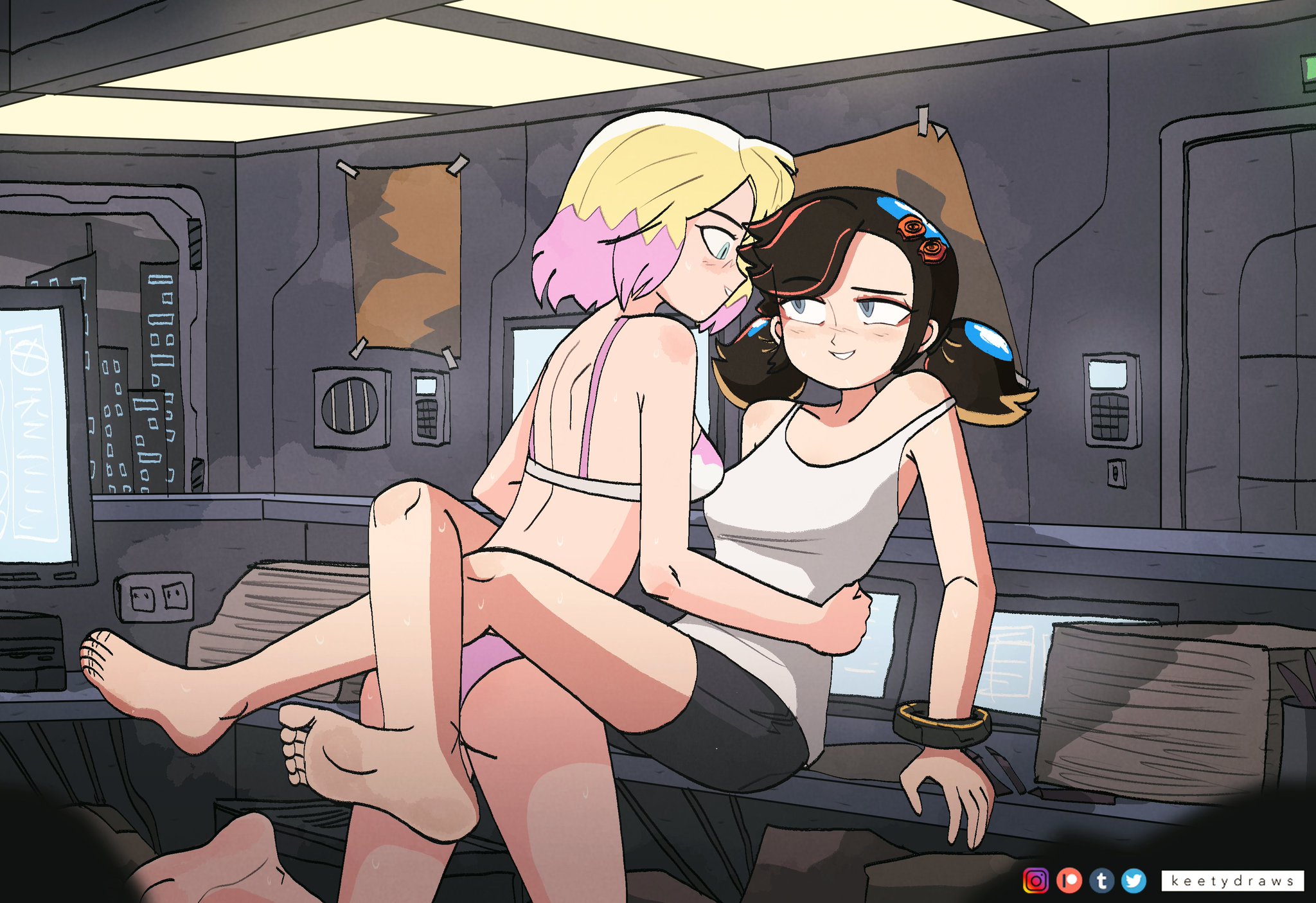 gwen poole, gwenpool, gwenpool (series), keetydraws, leg lock, marvel, marvel rivals, peni parker, peni parker (marvel rivals), reference, sweat, sweaty, tagme, yuri