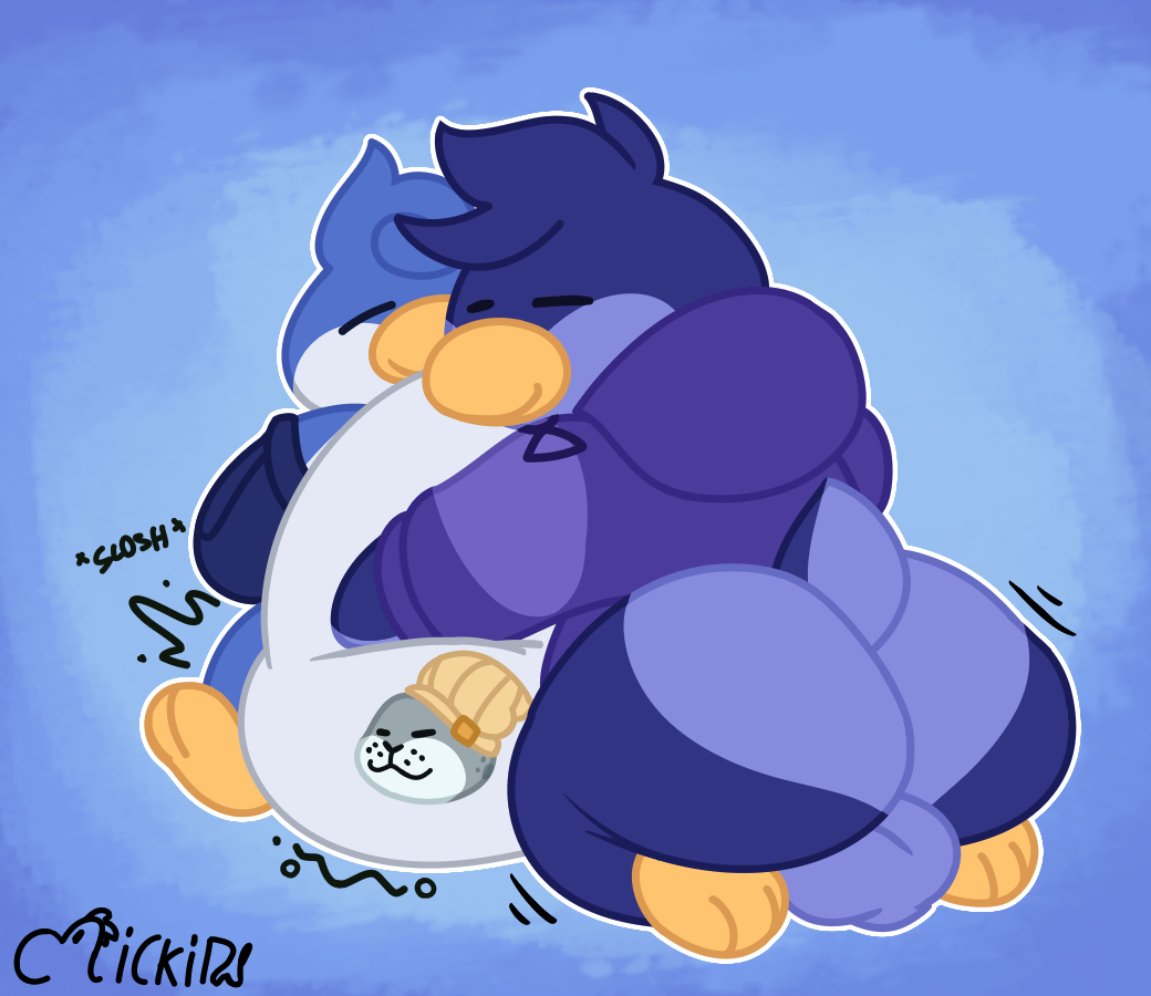 ass avian belly belly_tattoo big_belly big_butt bird digested digestion digestion_noises digital_media_(artwork) henrique_rick hug newby nubby_(henrique_rick) nude penguin post_digestion proffy rear_view sitting tattoo vore