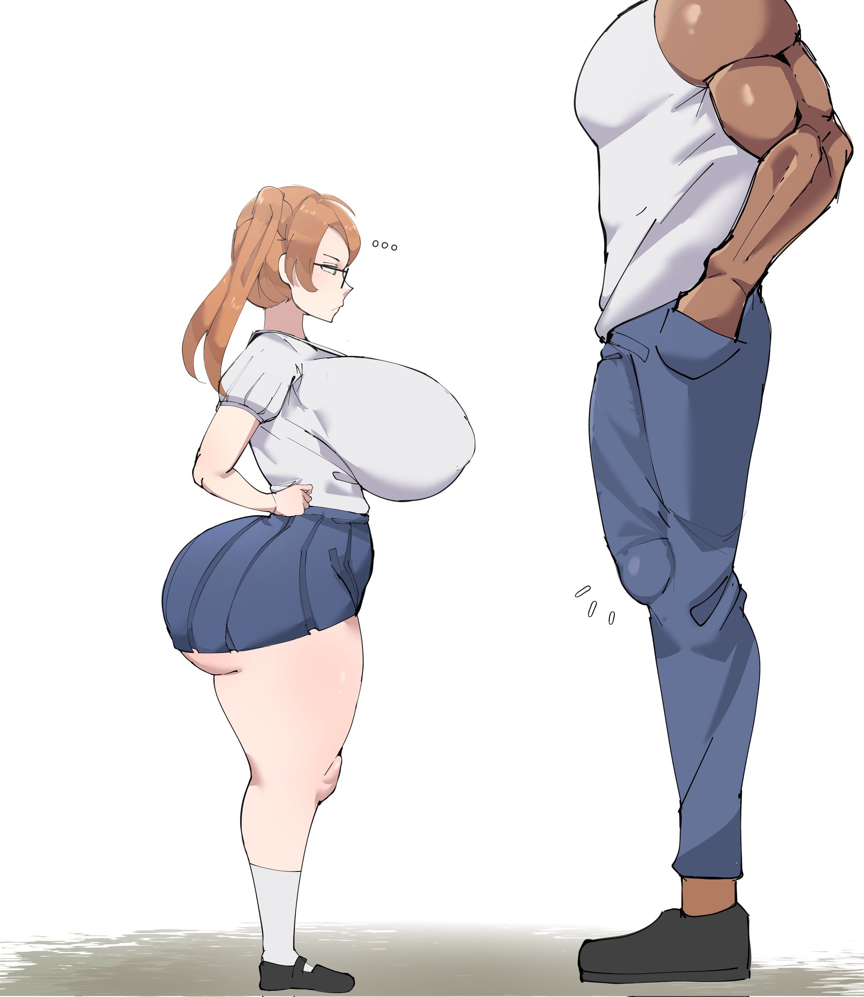 1boy, 1girls, ass hanging out, ass hanging out of skirt, big ass, breasts, bubble butt, bulge, cock, dark-skinned male, erection under clothes, female, huge ass, huge breasts, imminent sex, looking at penis, male, miniskirt, penis, shinhyunxi, shortstack, skirt, tagme