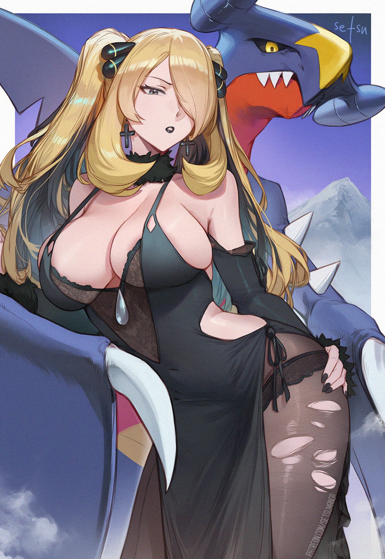 1girls, ai generated, black lipstick, black nails, breasts, cleavage, cross, cross earrings, cynthia (pokemon), dress, earrings, female, female focus, female only, garchomp, goth, goth girl, large breasts, light skin, light-skinned female, lipstick, looking at viewer, nail polish, nintendo, pokemon, setsuaiart, solo, thighhighs, thighs, wide hips