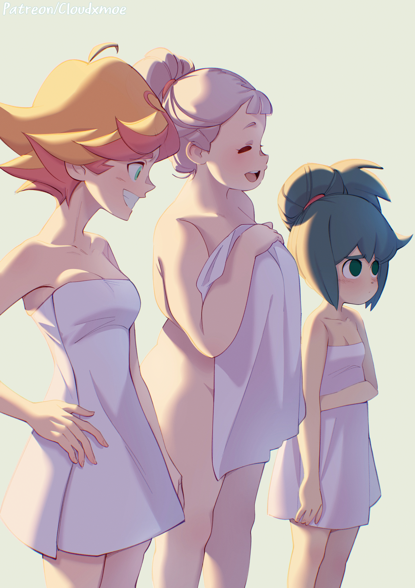 3girls, amanda o'neill, cloudxmoe, constanze amalie von braunschbank-albrechtsberger, female, green eyes, grey hair, jasminka antonenko, little witch academia, orange hair, tagme, towel, towel only, witch