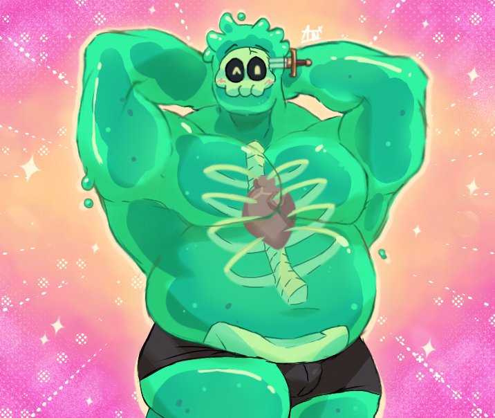 1boy anthro anx1etyy1 belly belly_button big_belly blush bottomwear boxers bulge chubby chubby_male dad_bod dagger doug_(monster_prom) doug_campbell dripping dripping_slime heart looking_at_viewer male male_only monster monster_boy monster_con monster_prom moobs musclegut muscles pecs pose posing_for_the_viewer redraw shorts skull slime slime_boy slime_monster solo_male teal_body topless translucent translucent_body viewed_from_below wink