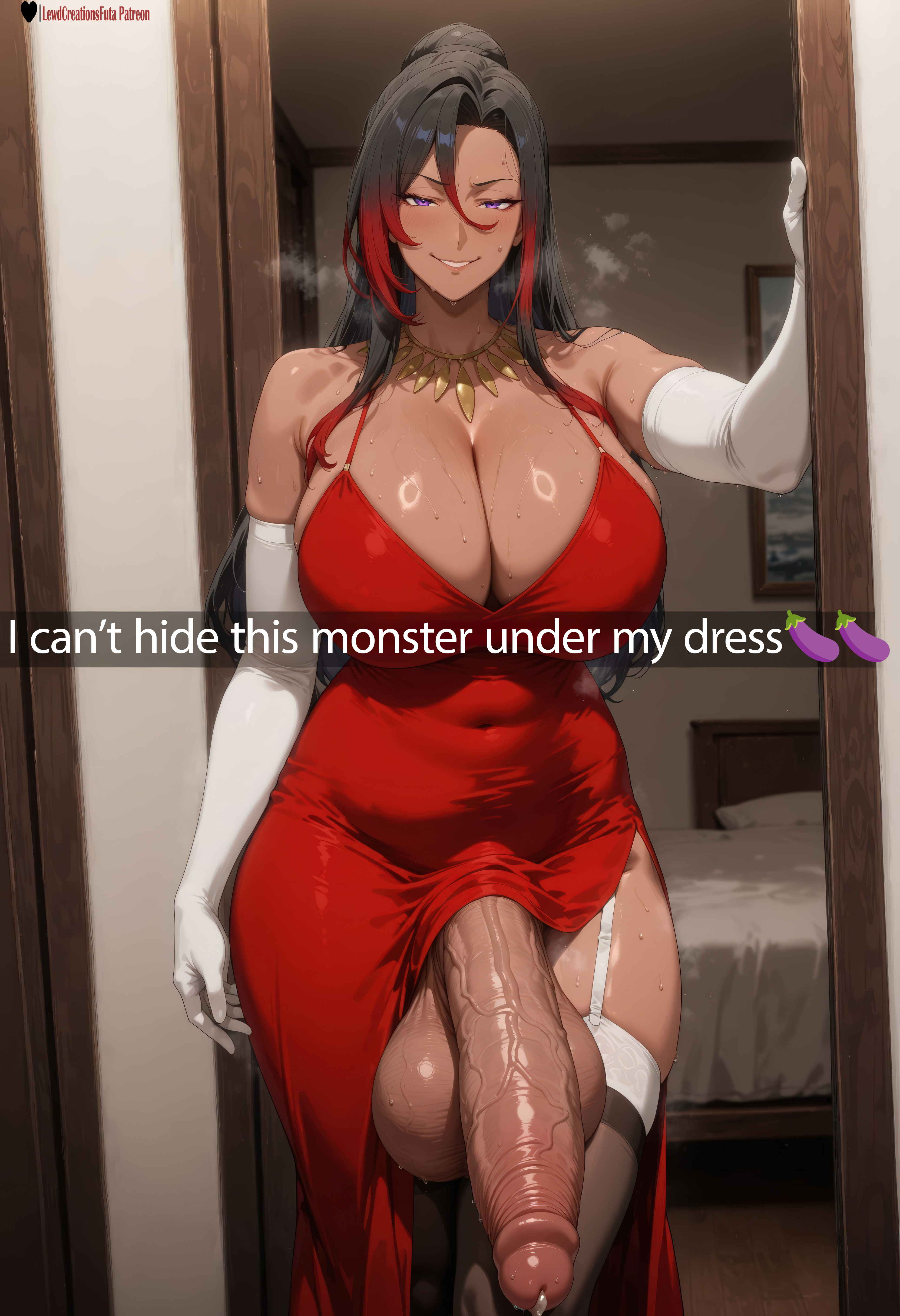 1futa, absurd res, ai generated, balls, black hair, breasts, curvy, curvy figure, dickgirl, dickgirl/female, futa only, futadom, futanari, gigantic balls, gigantic penis, gigantic testicles, high resolution, highres, huge balls, huge breasts, huge cock, ineffective clothing, intersex, kono subarashii sekai ni shukufuku wo!, large balls, large breasts, large testicles, lewdcreationsfuta, looking at viewer, mature, mature female, multicolored hair, necklace, penis, penis out, precum, precum drip, precum on penis, precum string, presenting, presenting penis, purple eyes, red dress, sexually suggestive, smug, snapchat, solo, standing, submissive pov, sweat, sylvia (konosuba), tagme, taker pov, testicles, thick, thick legs, thick thighs, thighhighs, thighs, veiny, veiny penis