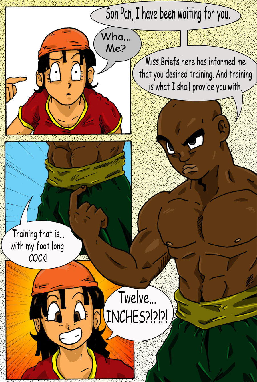 1boy 1girls bandanna black_eyes black_hair comic dark-skinned_male dark_skin dragon_ball dragon_ball_gt english female male pan_(dragon_ball) pants radikal shirt short_hair smooth_skin