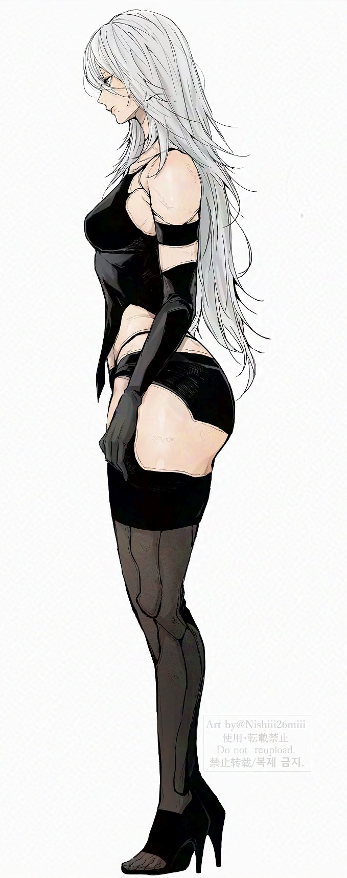 1girls, android, android girl, ass, big ass, big butt, boobs, breasts, clothed, clothed female, do not repost, elbow gloves, fat ass, fat butt, female, female focus, female only, heels, large ass, large butt, long hair, long-haired female, looking back, nier, nier (series), nier: automata, nishiii26miii, robot, robot girl, robot humanoid, short shorts, side view, solo, solo female, solo focus, sword, thigh high heels, thong, video game character, white hair, yorha a2