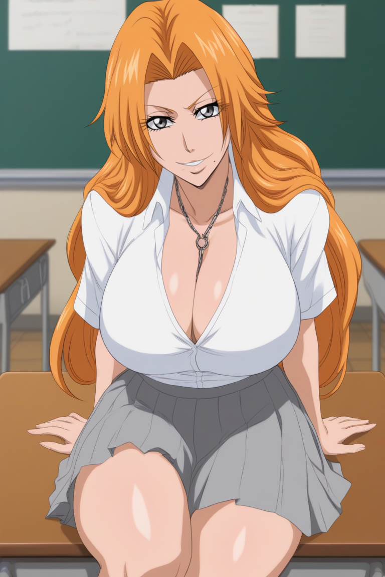 ai generated, bleach, bleach: the thousand-year blood war, breasts, classroom, female, huge breasts, indoors, looking at viewer, matsumoto rangiku, open shirt, rangiku matsumoto, school, school uniform, schoolgirl, seductive smile
