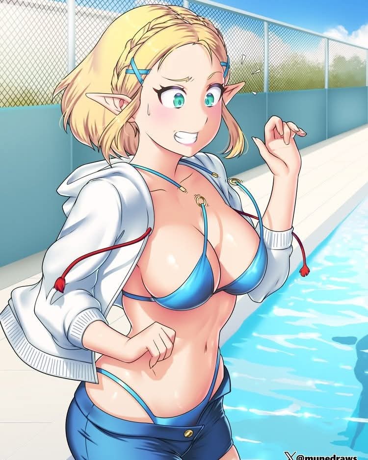 bikini, blue bikini, blue bikini bottom, blue bikini top, cleavage, etchimune, jorts, pool, princess zelda, tears of the kingdom, the legend of zelda, unbuttoned shorts, wardrobe malfunction, white jacket, zelda (tears of the kingdom)
