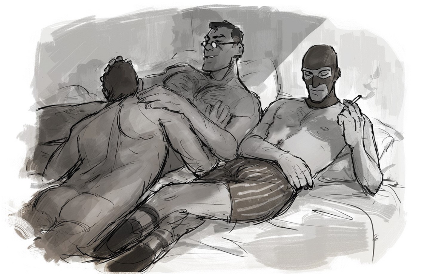 after sex, age difference, ass, bara, big pecs, boxers, chest hair, gay, male, male/male/male, medic (team fortress 2), monochrome, muscular, muscular chest, muscular male, nude, si0rane, smoking, sniper (team fortress 2), spy (team fortress 2), team fortress 2, threesome, yaoi