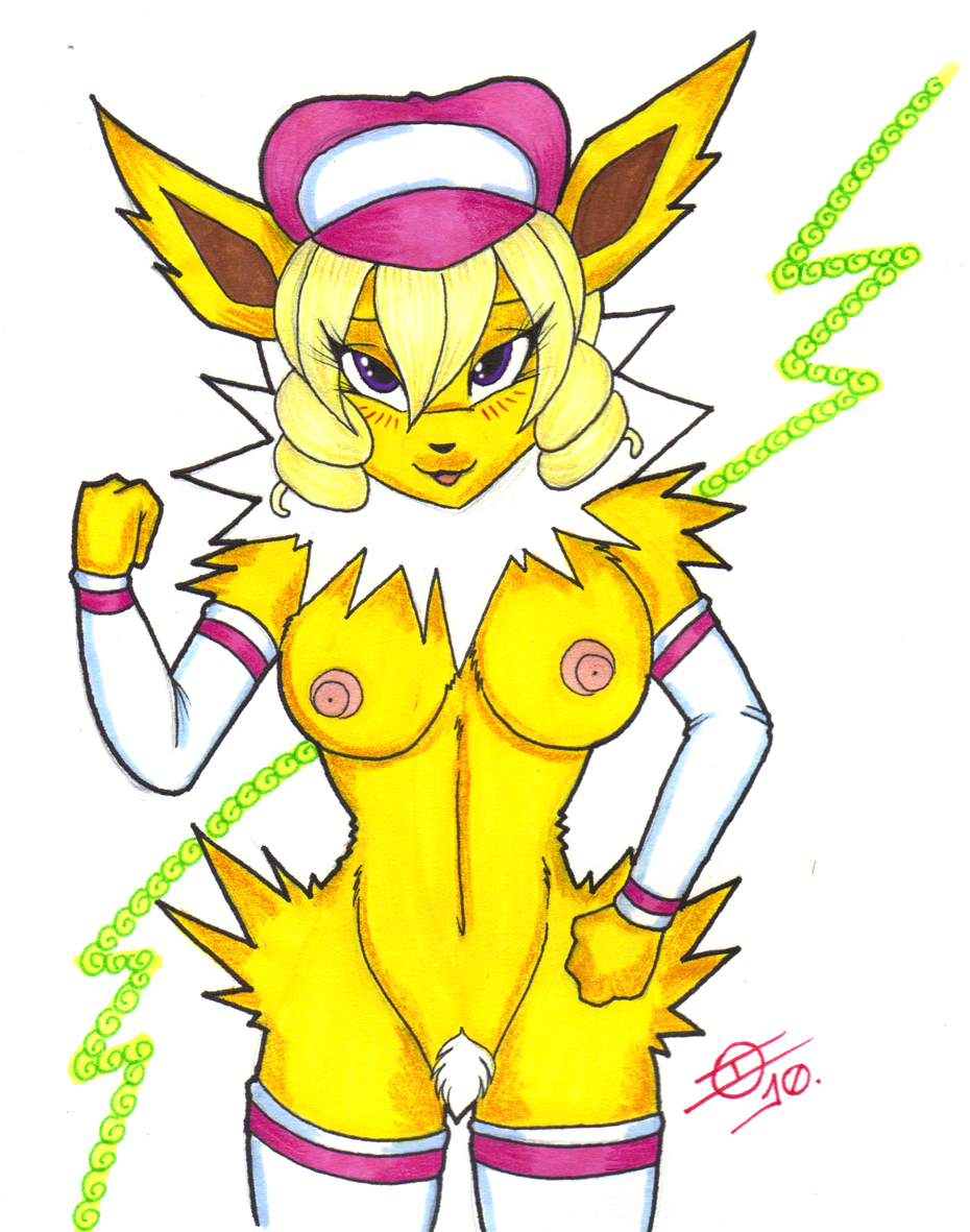 2010 anthro black_nose blonde_hair breasts color domino_(pokemon) eeveelution female female_only front_view fur furry furry_breasts furry_ears hair hat ivanks jolteon looking_at_viewer nintendo nipples open_eyes pink_nipples pointy_ears pokemon pokemon_(species) pokemon_transformation pubic_hair purple_eyes solo standing team_rocket transformation