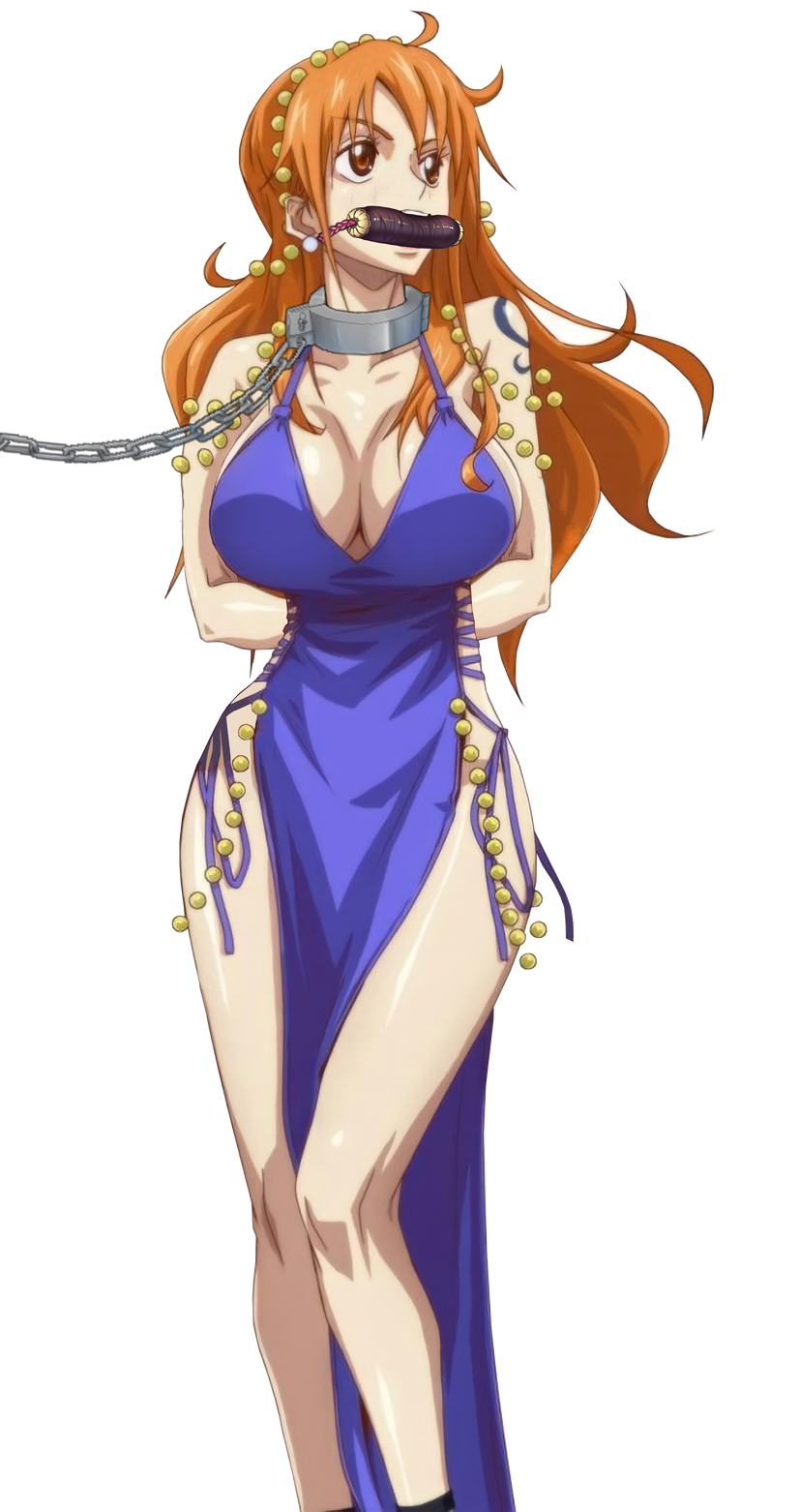 arms_behind_back blue_dress bondage bound breasts captured captured_heroine clothing collar dress female female_only femsub gag hair kyabakurabakufu leash leash_and_collar leash_pull light-skinned_female light_skin long_hair nami_(one_piece) one_piece orange_hair sexy solo solo_female solo_focus thick_thighs thighs walking