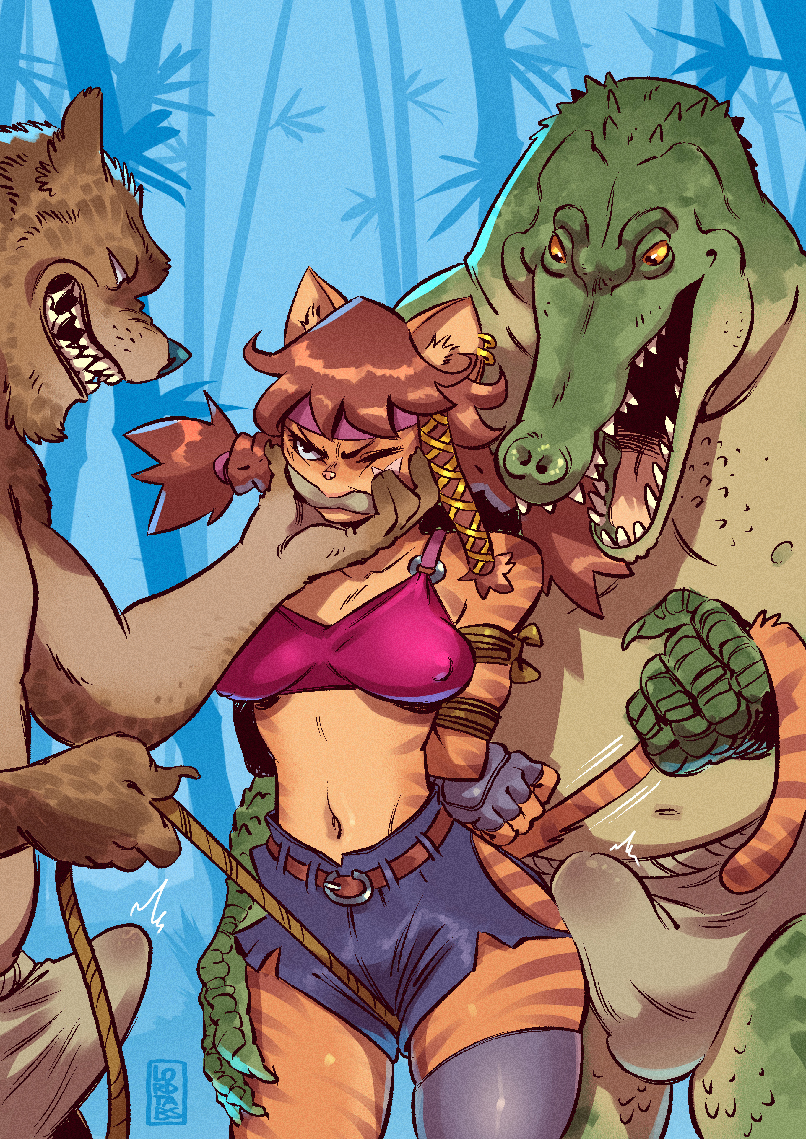 about to be raped, about to be violated, angry, anthro, arms behind back, belly, belly button, bondage, bound, brown fur, brown hair, cat ears, cat tail, catgirl, cock against cheek, crocodile, crocodilian, crop top, crotch rope, crotch rope pull, curvy, erect penis, erect penis under clothes, erection, erection under clothes, erection under clothing, evil grin, evil smile, face squish, furry, furry female, gag, gagged, gagged female, grabbing face, hand on face, hand on leg, hand on thigh, hard cock, hard penis, helpless, imminent rape, implied rape, lordtabaqui, navel, nervous, nipple bulge, nipples, nipples visible through clothing, penis against ass, penis visible through clothing, piercings, possible rape, pulling rope, rape, rapist, rapist and victim, rapist anthro, rapist male, restrained, rope, rope bondage, scales, scalie, shorts, small top, squishing face, striped body, striped fur, tail grab, tail pull, thighhigh, tied, tied female, tied hair, tied up