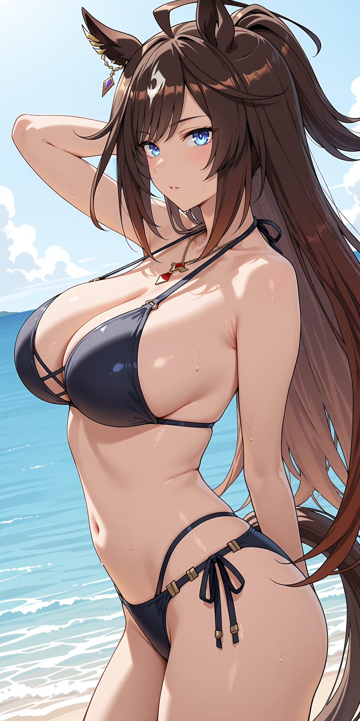 1girls, ai generated, belly, black bikini, duramente (umamusume), horse ears, horse girl, large breasts, long hair, looking at viewer, sideboob, umamusume