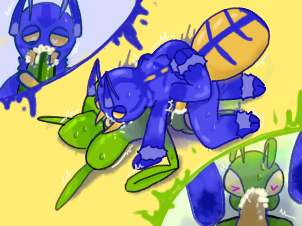 ant anthro arthropod bill_(chornywolfy) bodily_fluids chornywolfy cum cum_in_mouth cum_inside duo duo_focus ejaculation fellatio genital_fluids genitals group honeypot_ant hymenopteran insects long_tongue male male/male manny_(hhbrother) mantis oral penile penis sex shaking sweat tongue tongue_out tonguejob