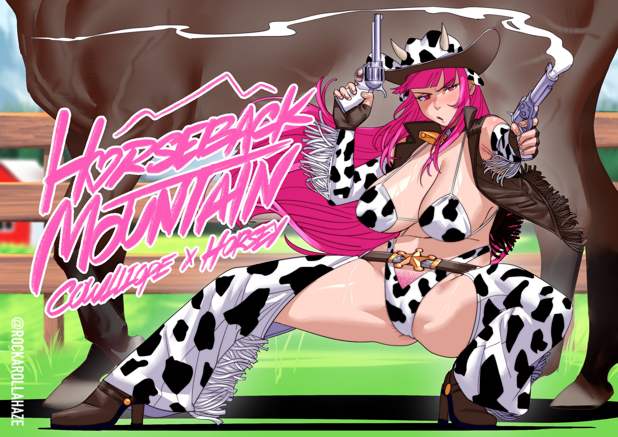 1animal, 1boy, 1girls, 2024, 2d, 2d (artwork), before sex, big breasts, big thighs, breasts, carpet matching drapes, cleavage, cow ears, cow girl, cow horns, cow print, cow print armwear, cow print bra, cow print thighhighs, cowbell, cowboy boots, cowboy hat, cowgirl, cowgirl outfit, equine, female, female on feral, female pubic hair, feral, feral with female, fingerless gloves, gun, hairy pussy, holding gun, holding weapon, hololive, hololive english, hololive myth, horse, huge breasts, huge thighs, imminent bestiality, imminent sex, implied bestiality, long hair, male, mori calliope, pink hair, pistol, pubic hair, pussy, pussy hair, rockaroll, spread legs, tagme, thick hips, thick thighs, thighs, twitter, virtual youtuber, zoophilia