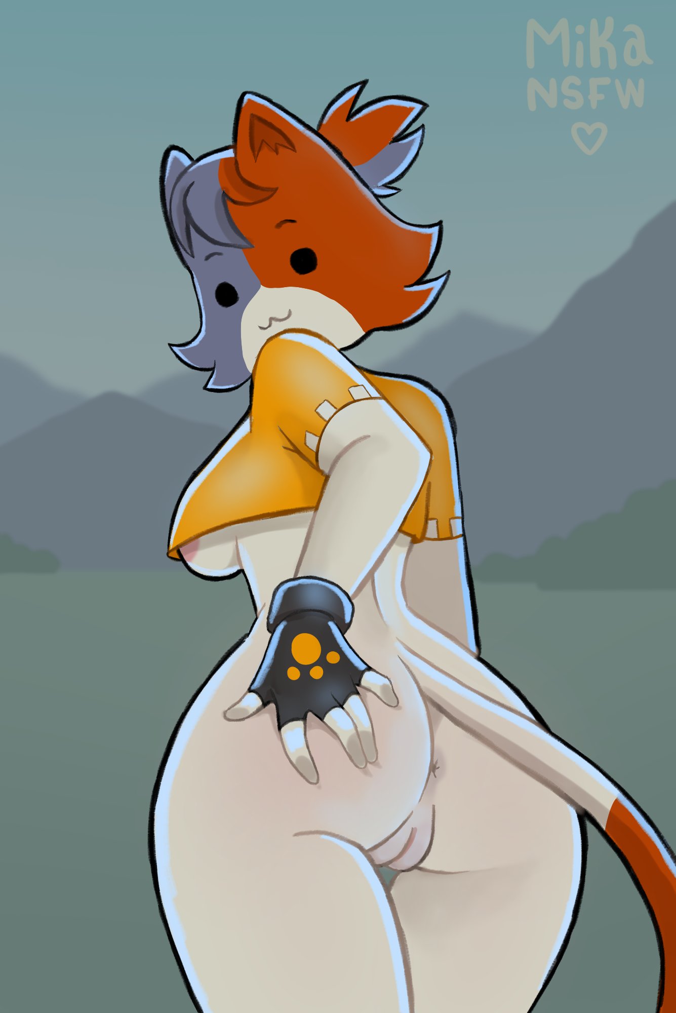 :3 anthro anus ass black_eyes breasts cate_meowdy clothing crop_top dipstick_tail epic_games felid feline female forest forest_background fortnite genitals gloves handwear head_tuft hi_res looking_at_viewer mammal markings medium_breasts mikansfw nature nature_background nipples plant pussy rear_view shirt spread_butt spreading tail tail_markings topwear tree tuft white_body yellow_clothing yellow_shirt yellow_topwear