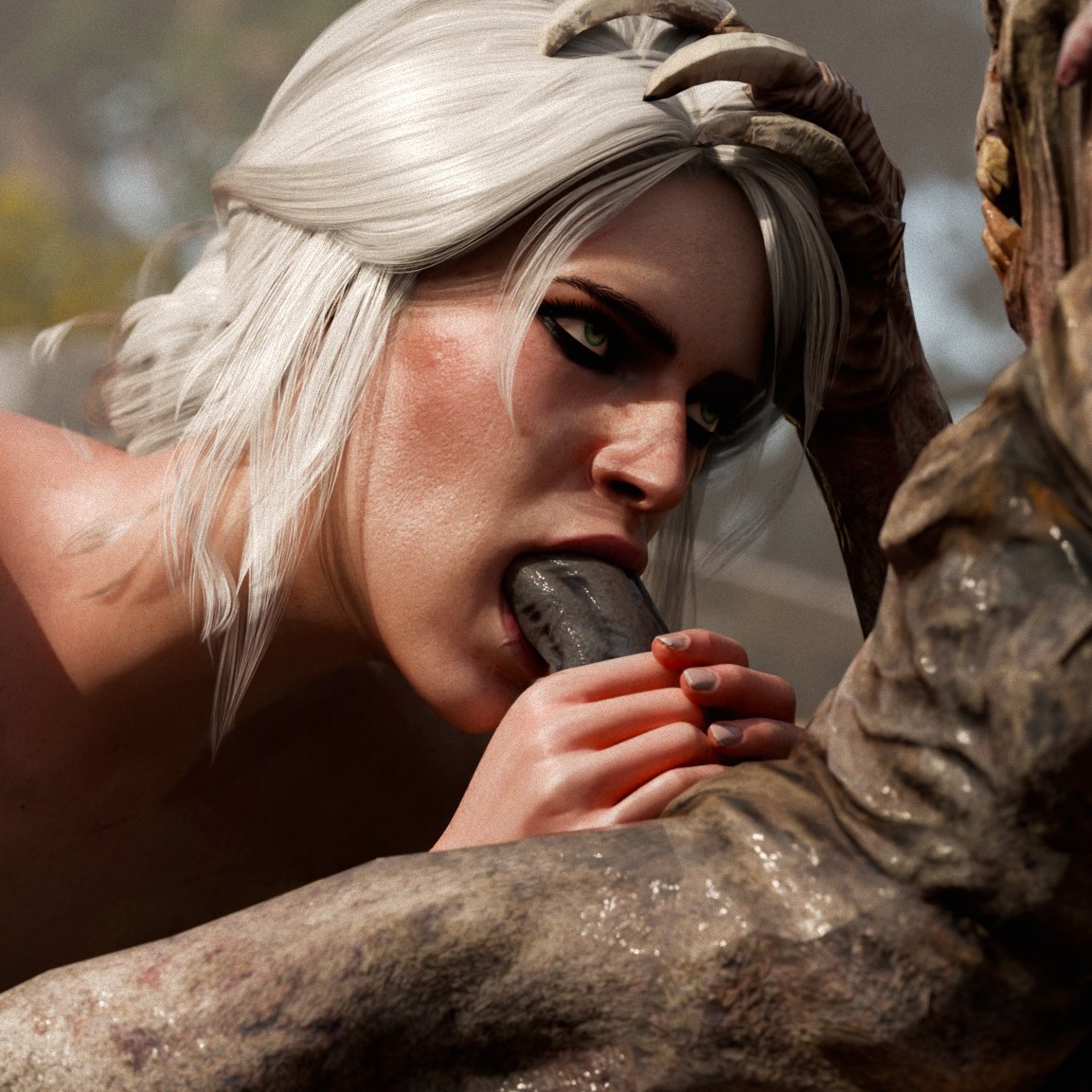 3d, belethor's smut, blowjob, cd projekt red, ciri, completely nude, fellatio, female, freckles, green eyes, head grab, light skin, light-skinned female, male, mascara, monster, nekker, nude, oral, oral sex, outdoors, penis, penis grab, scar, sucking penis, the witcher (series), the witcher 3: wild hunt, white hair