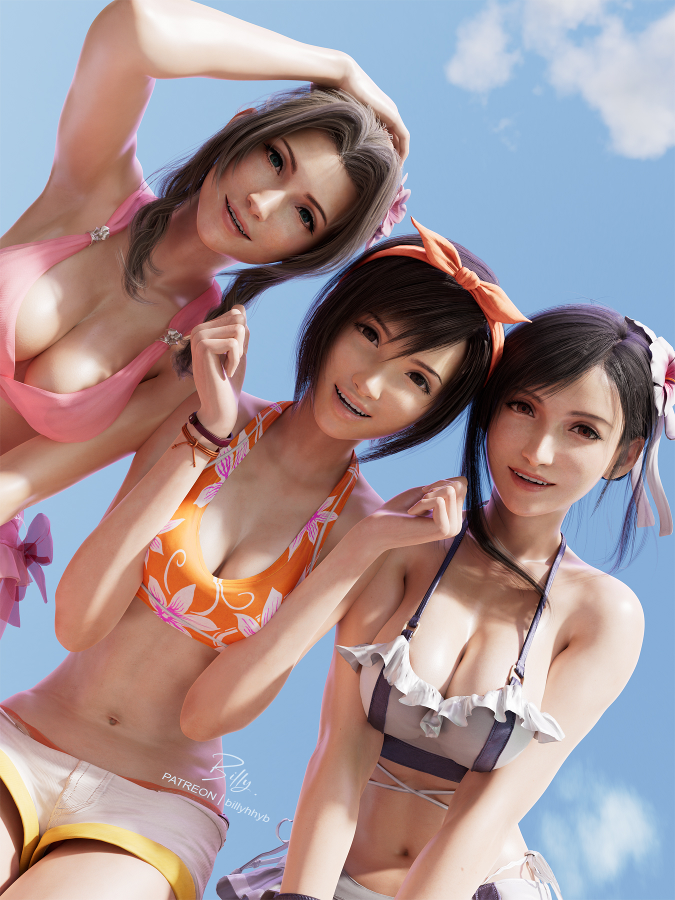 3d, 3girls, aerith gainsborough, aerith gainsborough (pink mermaid), arm up, armpits, bikini, bikini shorts, bikini skirt, billyhhyb, black hair, blue sky, bow hairband, bracelet, breasts, brown hair, cloud, day, female, final fantasy, final fantasy vii, final fantasy vii rebirth, final fantasy vii remake, flower, hair flower, hair ornament, hairband, hands up, highres, jewelry, large breasts, looking at viewer, medium breasts, multiple females, multiple girls, navel, outdoors, short hair, shorts, sky, smile, stomach, swimsuit, tifa lockhart, tifa lockhart (shining spirit), yuffie kisaragi