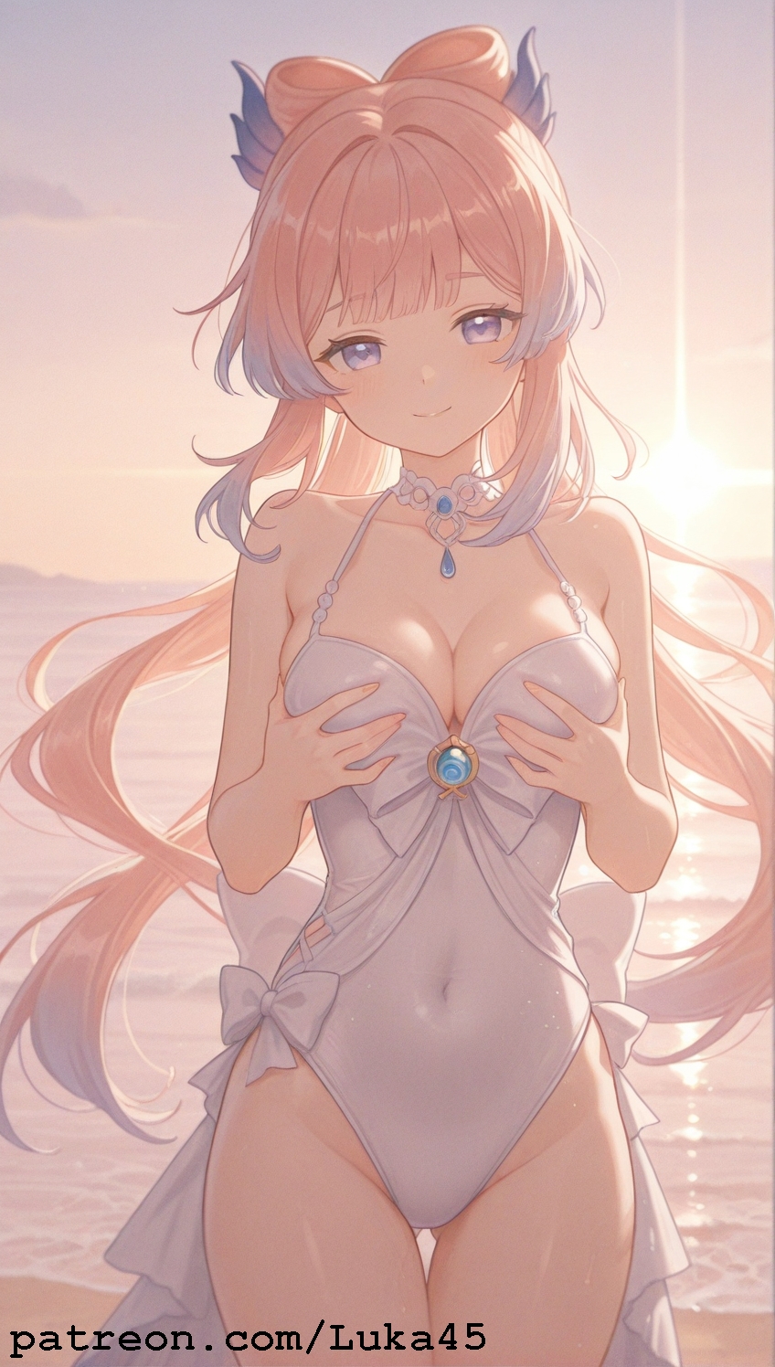 ai generated, beach, blush, breast grab, breasts, female, genshin impact, hoyoverse, inazuma girls, large hair, long hair, luka45, mihoyo, navel, patreon, patreon reward, patreon url, patreon username, pink hair, ribbon, sangonomiya kokomi, smile, smiling at viewer, standing, sunset, swimsuit, touching breast