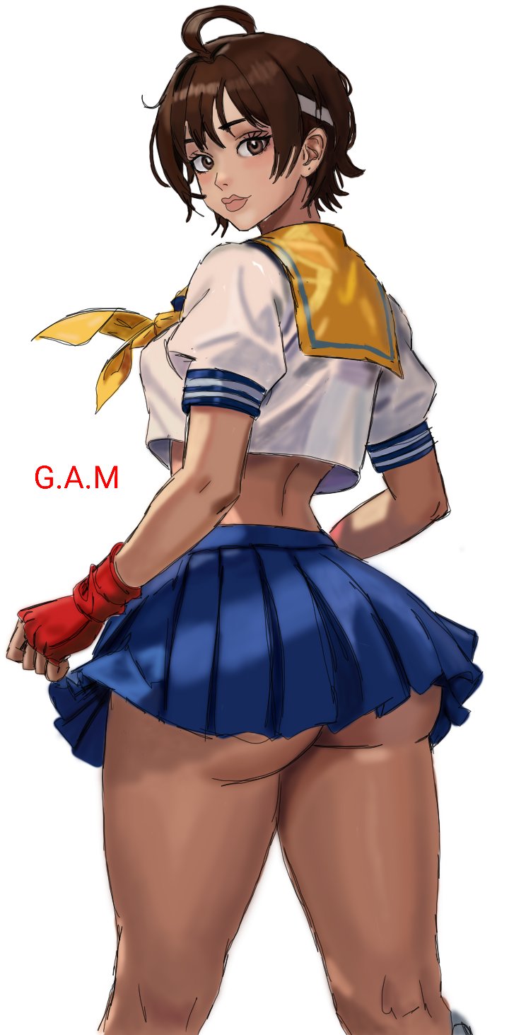 1girls, ass, ass focus, big ass, bottomless skirt, breasts, brown eyes, brown hair, capcom, female, female focus, female only, from behind, g.a.m, gloves, headband, huge ass, looking back, no panties, sakura kasugano, school uniform, schoolgirl, short hair, skirt, solo, solo female, solo focus, street fighter, thick, thick ass, thick thighs, tomboy