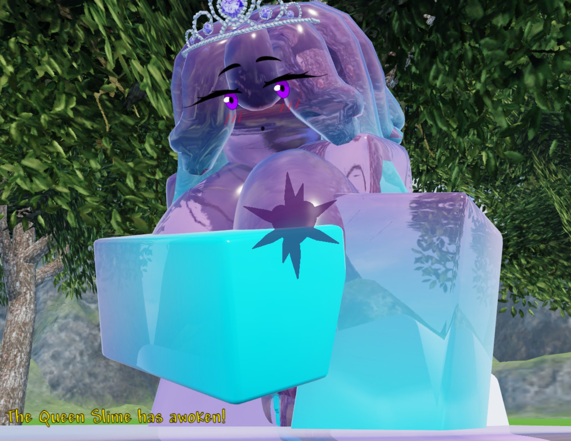 3d, 3d (artwork), background, breasts, covering breasts, hand over breast, jpeg, nitelite, pussy, queen slime (terraria), roblox, robloxian, slim female, slime, slime girl, tagme, terraria, transparent body, vagina, vaginal penetration