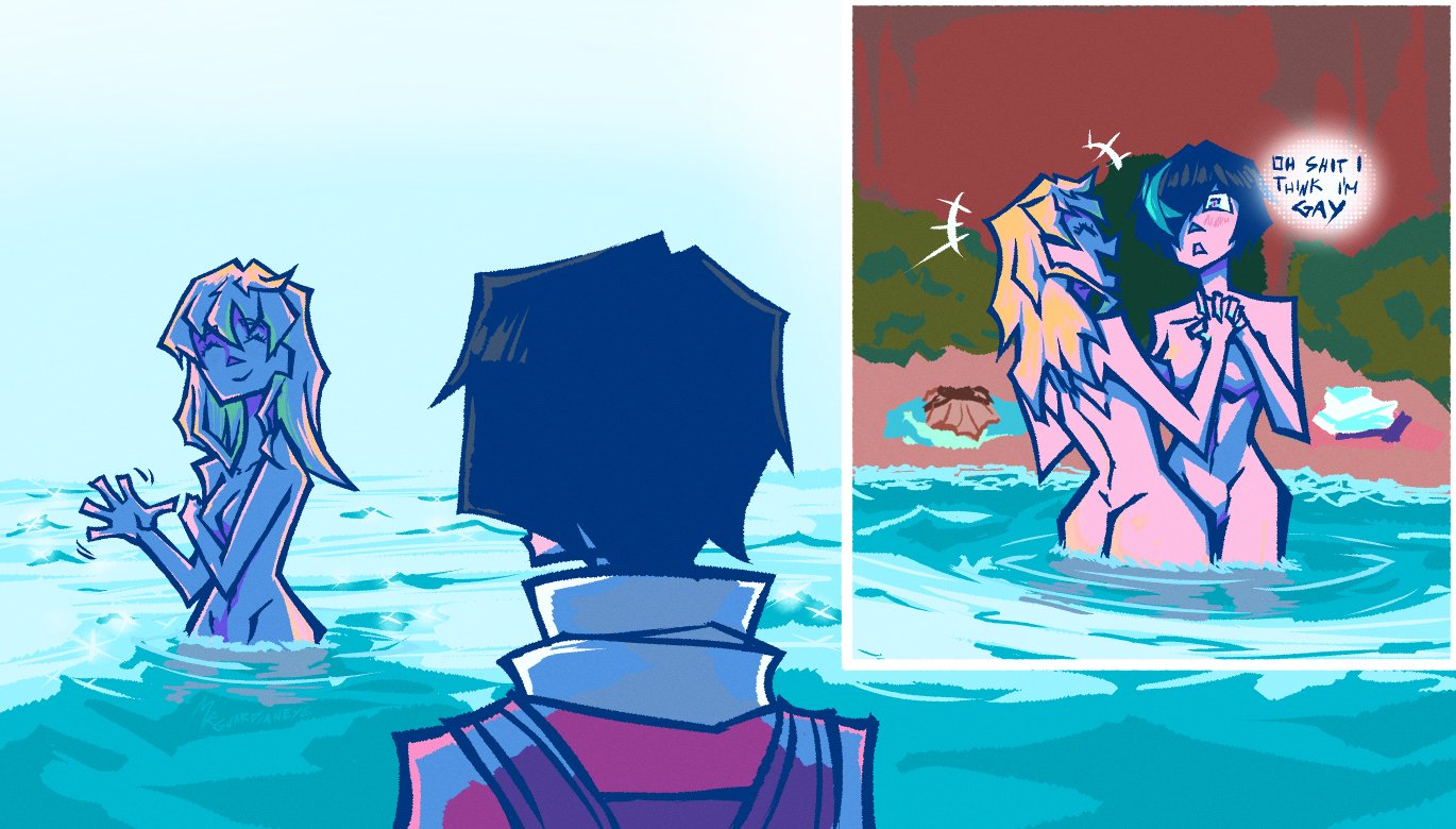 2girls, ass, bathing, beach, black hair, blonde hair, breasts, bridget, bridget bath scene (dual rulers), canonical scene, female, guilty gear, mrguardianeye (artist), nude, ocean, tagme, teenager, trans, trans woman, transfem, unika (guilty gear), water, yuri