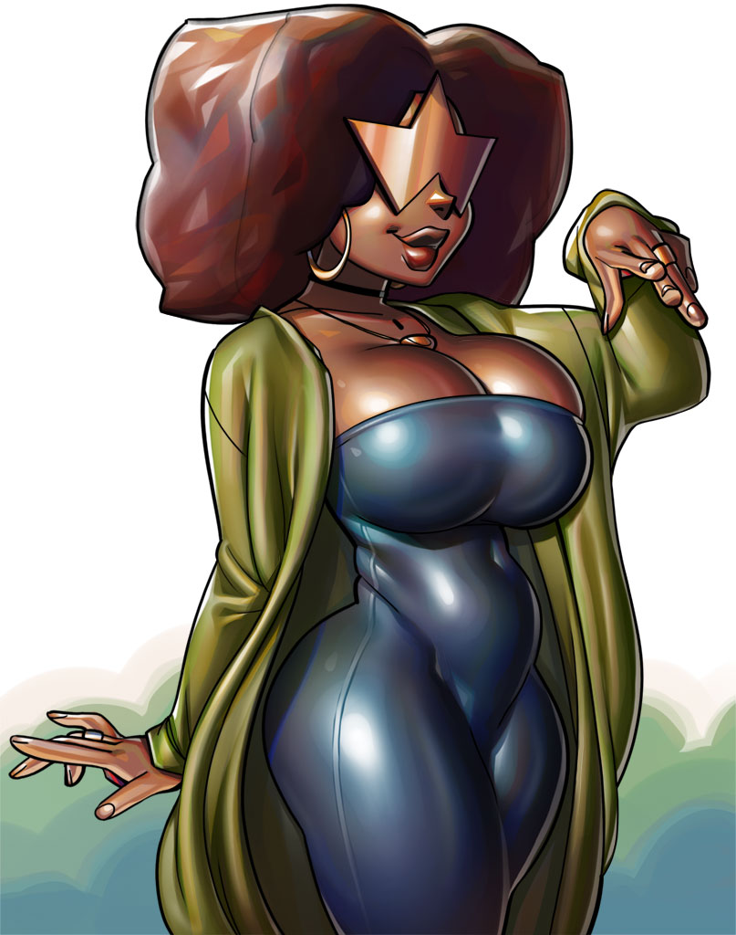 1girls, big breasts, black hair, breasts, cartoon network, cleavage, dark skin, dark-skinned female, dress, earrings, female, female only, garnet (steven universe), gem fusion, glasses, hoop earrings, huge breasts, humanoid, necklace, ph, ring, solo, steven universe