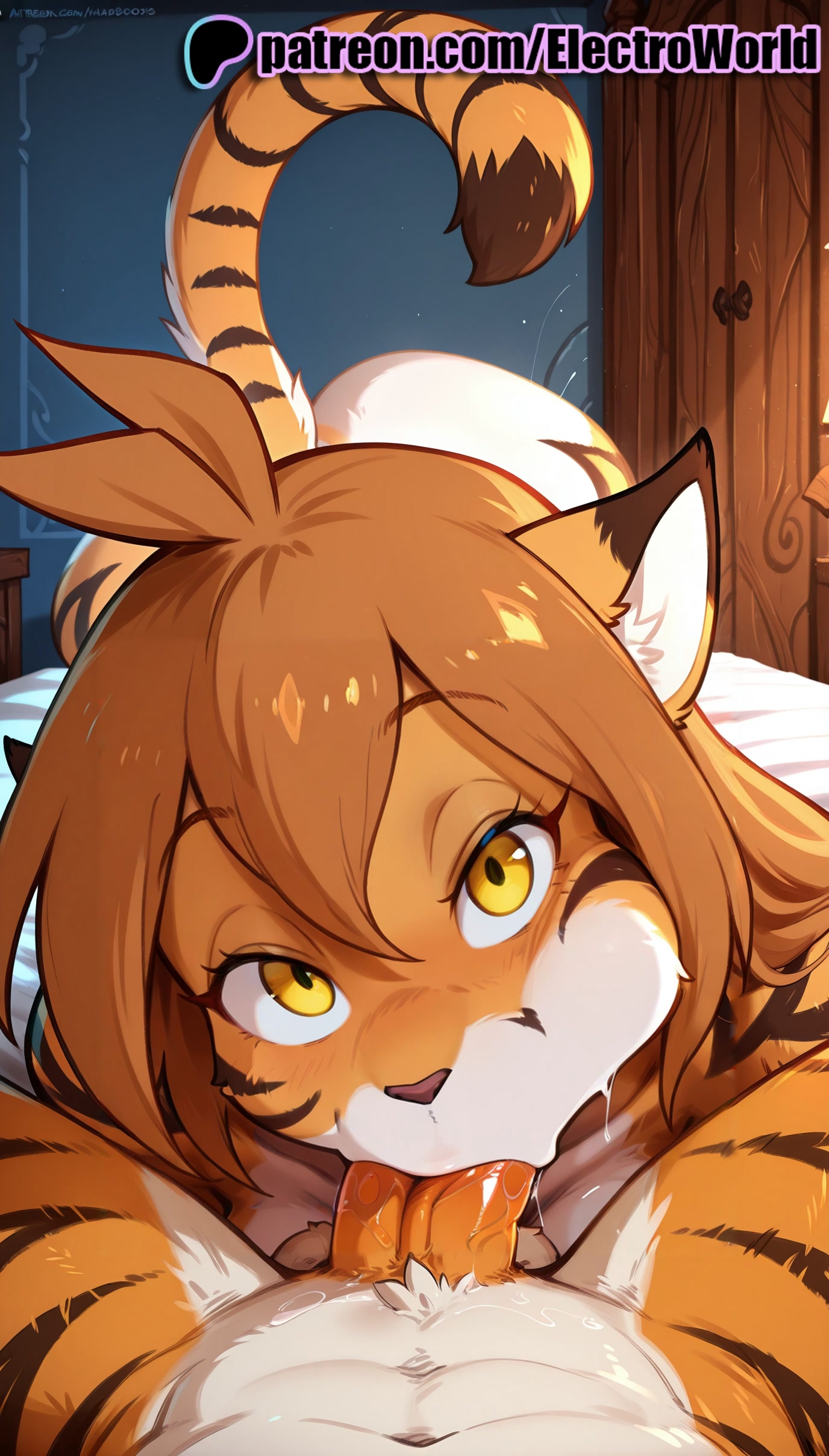 1girls, 2025, ai generated, animal ears, artist name, brown hair, electroworld, female, flora (twokinds), hi res, high quality, high resolution, highres, patreon, patreon username, stable diffusion, tiger ears, tiger tail, twokinds, watermark