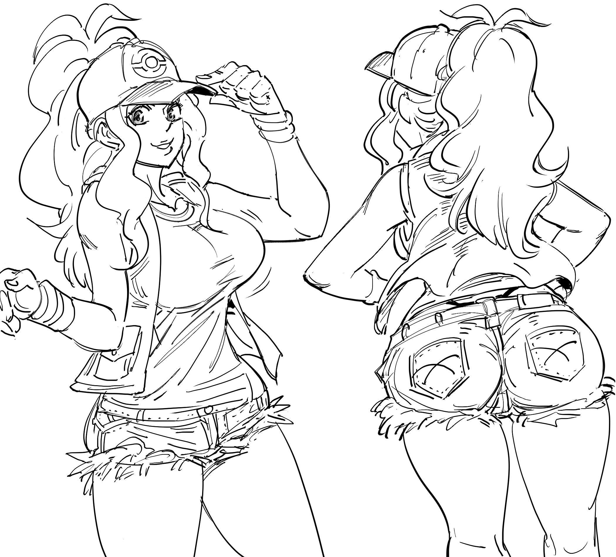 adjusting clothes, adjusting headwear, alternate breast size, ass, baseball cap, bb (baalbuddy), breasts, commentary, cowboy shot, denim, denim shorts, english commentary, female, hand on headwear, hand up, hands on own hips, hat, high ponytail, highres, hilda (pokemon), large breasts, long hair, multiple views, open clothes, open vest, panty straps, parted lips, poke ball print, pokemon, pokemon bw, ponytail, sfw, short shorts, shorts, sketch, smile, tank top, vest, wristband