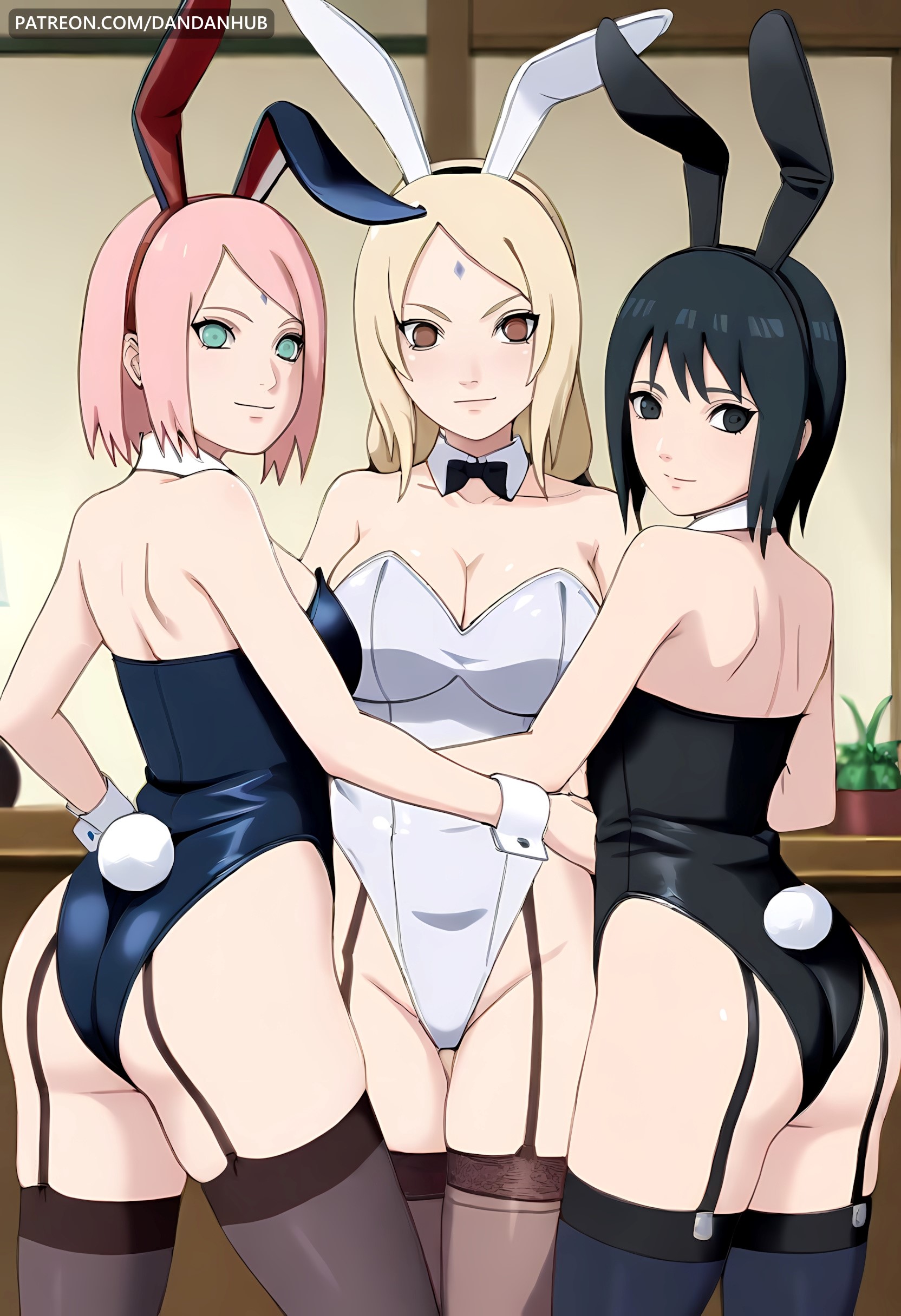 3girls, ai generated, alternate costume, animal ears, ass, ass visible through thighs, back, bangs, bare shoulders, black bow, black bowtie, black eyes, black hair, black leotard, blonde hair, boruto: naruto next generations, bow, bowtie, breasts, brown eyes, cleavage, closed mouth, collarbone, dandanhub, detached collar, facial mark, fake animal ears, fake tail, female, female only, forehead mark, from behind, garter straps, green eyes, hairband, highleg, highleg leotard, indoors, large breasts, leotard, long hair, looking at viewer, looking back, mature female, medium breasts, multiple females, multiple girls, naruto, naruto (series), naruto shippuden, parted bangs, pink hair, rabbit ears, rabbit tail, sakura haruno, shiny, shiny hair, shizune, short hair, shoulder blades, skindentation, smile, standing, strapless, strapless leotard, tail, thigh gap, thighhighs, thong leotard, tsunade, white leotard, wrist cuffs