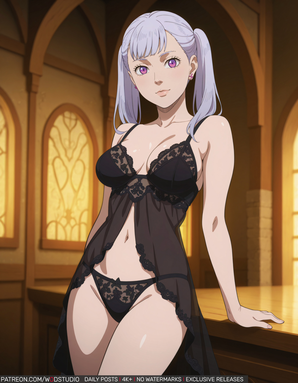 ai-created ai_generated babydoll bangs bare_shoulders black_clothes black_clover black_panties black_underwear blush bra breasts clavicle cleavage closed_mouth clothing dress earrings female female_only grey_hair hair_ornament high_resolution indoors jewelry large_breasts lingerie lips long_hair looking_at_viewer medium_breasts navel nightgown noelle_silva pantsu purple_eyes self_upload sleepwear smile solo standing thighs tied_hair twintails underwear underwear_only wodstudio