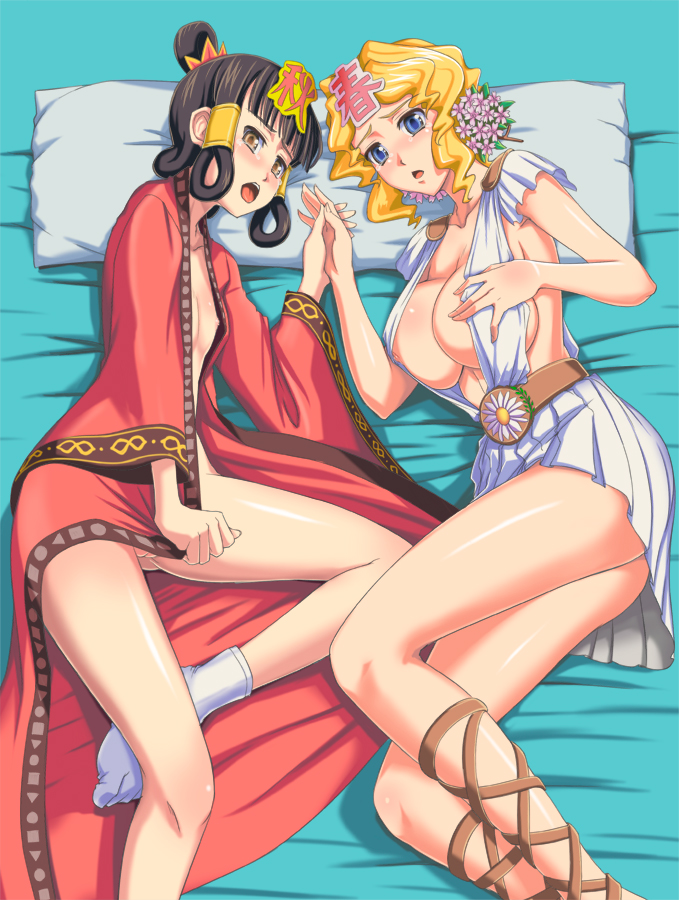 2girls autum_chan autumn-chan bed belt black_hair blonde_hair blue_eyes breasts brown_eyes flat_chest flower flowers haru-chan haru_chan multiple_girls nhkweather nipples pillow sock socks