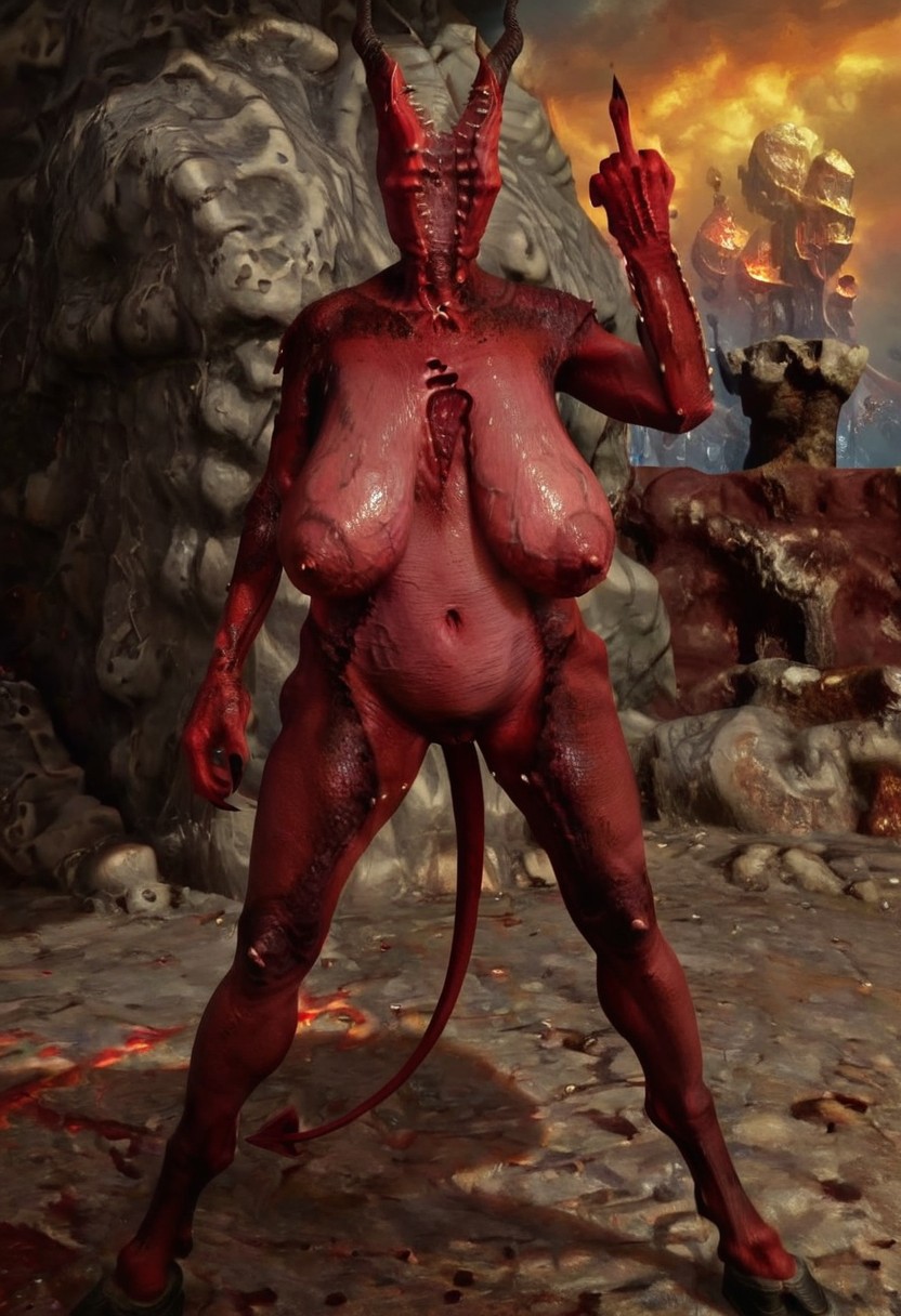 1girls, agony (series), ai generated, big breasts, breasts, breasts apart, claws, demon, demon girl, demon tail, dungeon, eyeless, faceless, faceless character, female, huge breasts, middle finger, monster girl (genre), onoskelis, red body, red skin, sagging breasts, satyr, solo, tail, teratophilia, unknown artist, vein, veins, veiny breasts