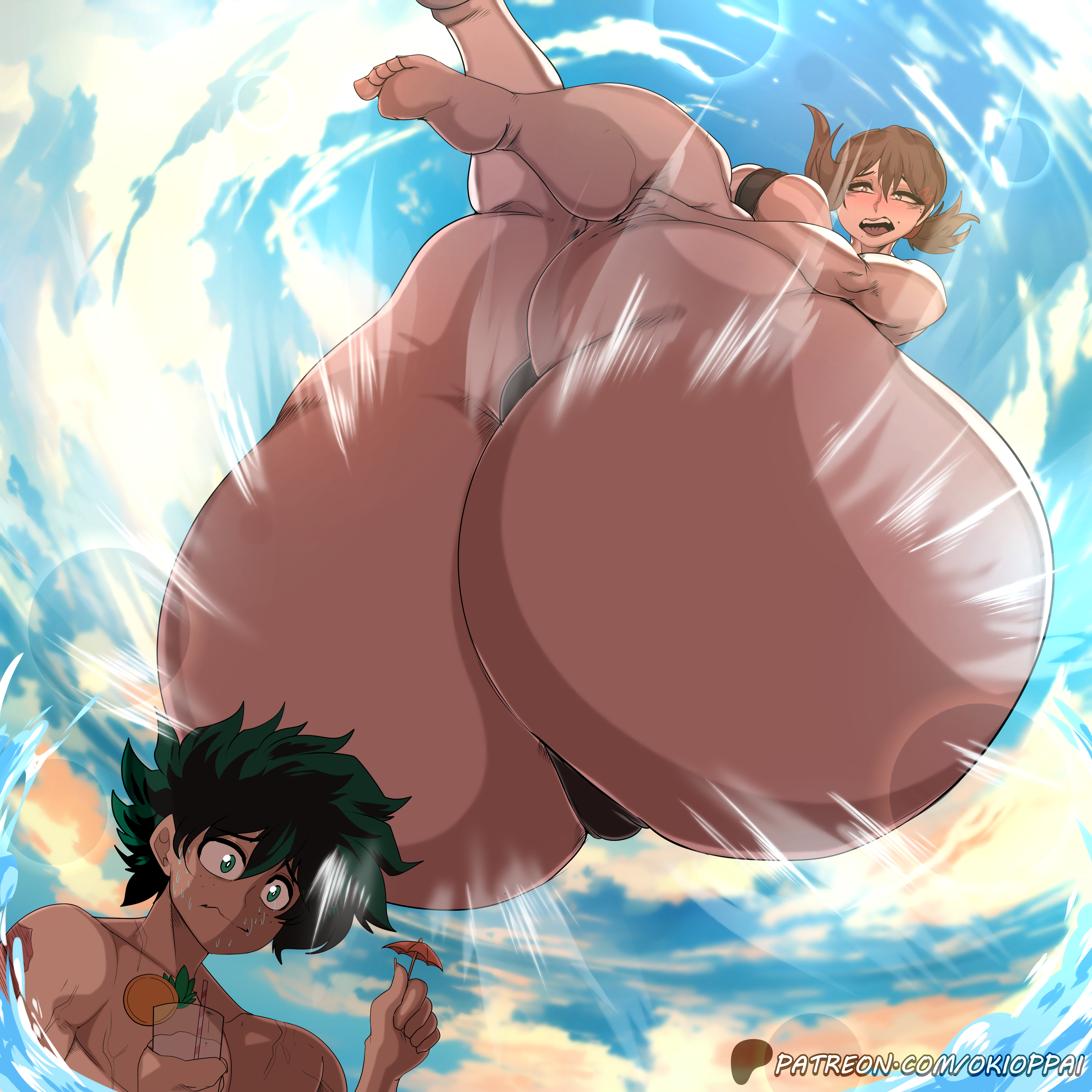 ass, ass body, big ass, chainsaw man, crossover, crossover pairing, feet, female, flustered, funny, giantess, higashiyama kobeni, huge ass, izuku midoriya, larger female, male, my hero academia, okioppai, smaller male, worried