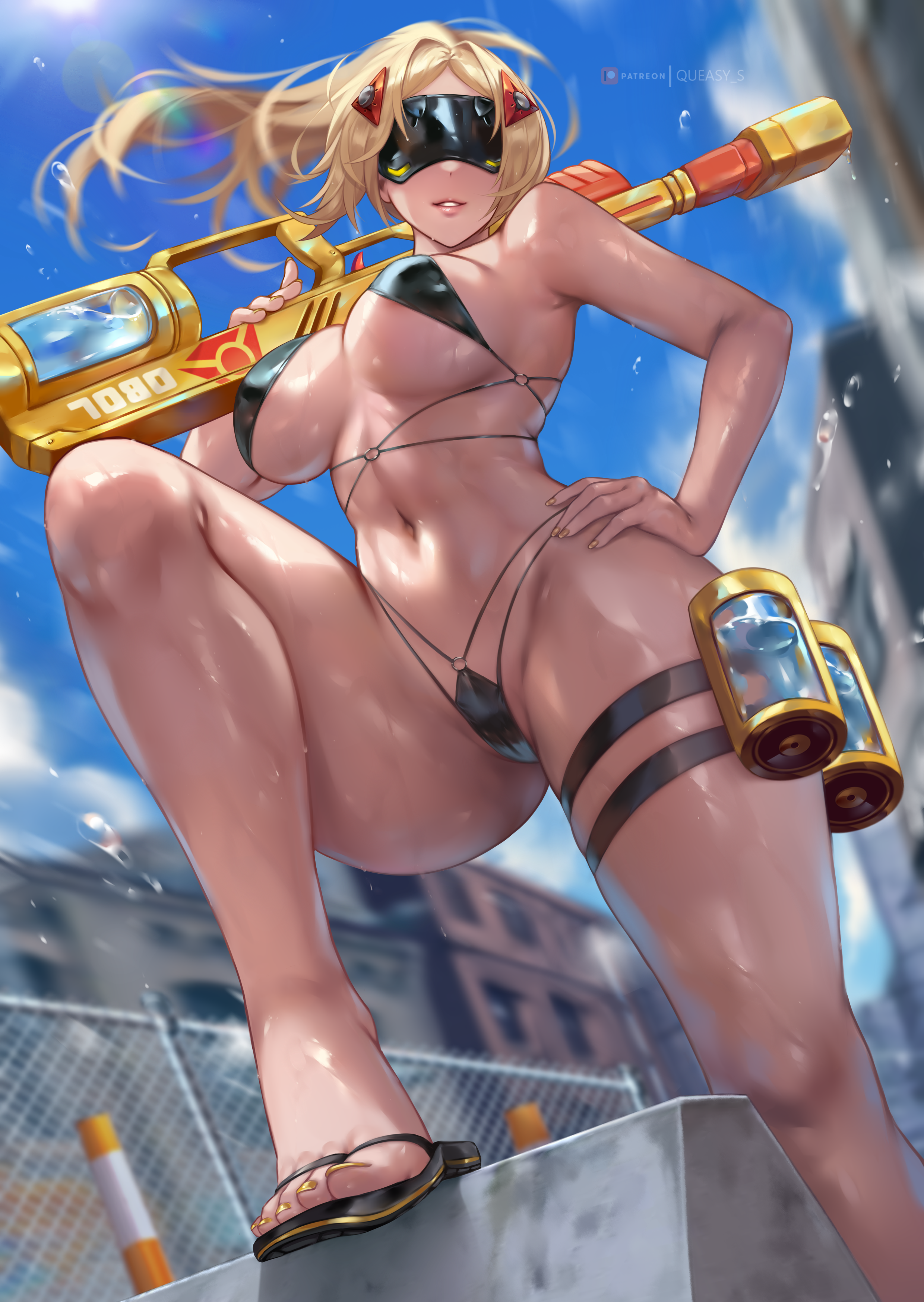 blonde hair, breasts, cameltoe, female, nipples, pussy, queasy s, swim suit, trigger (zenless zone zero), water gun, zenless zone zero