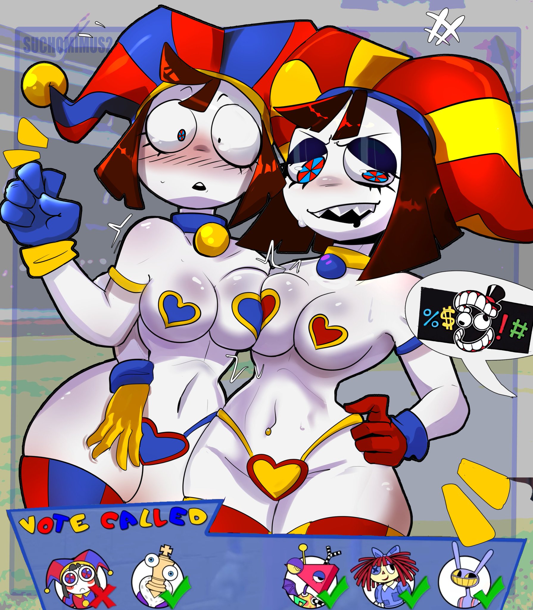 2girls, blush, bra, breasts, curvy figure, evil pomni (the amazing digital circus), evil twin, female, glitch productions, heart bra, jester, lingerie, pomni (the amazing digital circus), selfcest, sharp teeth, the amazing digital circus, thick thighs, voting