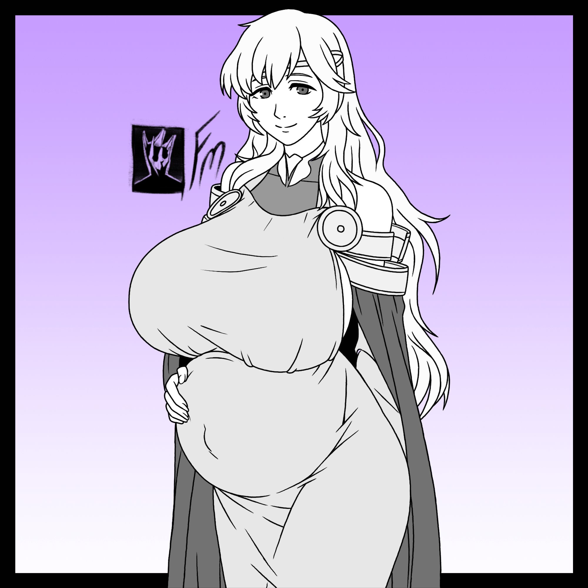 1girls, big belly, big breasts, breasts, breasts bigger than head, cape, deirdre (fire emblem), dress, female, female only, fire emblem, fire emblem: genealogy of the holy war, fully clothed, fungus-man, huge belly, huge breasts, long hair, maternity clothes, maternity dress, monochrome, pregnant, ready to pop, request, sketch