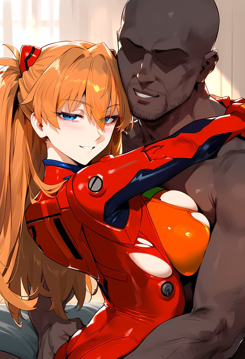1boy, 1girls, ai generated, asuka langley sohryu, bald, bangs, beard, blue eyes, blush, bodysuit, breast grab, breast press, breasts, brown hair, clothing, completely nude, curvaceous, curvaceous female, curvaceous figure, curvy, curvy figure, dark skin, dark-skinned male, erect nipples, female, female focus, french kiss, grabbing, groping, interface headset, interracial, kissing, large breasts, licking, light skin, light-skinned female, long hair, male, nakatori, neon genesis evangelion, nipples, nude, open mouth, orange hair, pilot suit, plugsuit, red bodysuit, red head, saliva, shiny, shiny hair, skin tight, straight, tongue, tongue out, voluptuous, voluptuous female