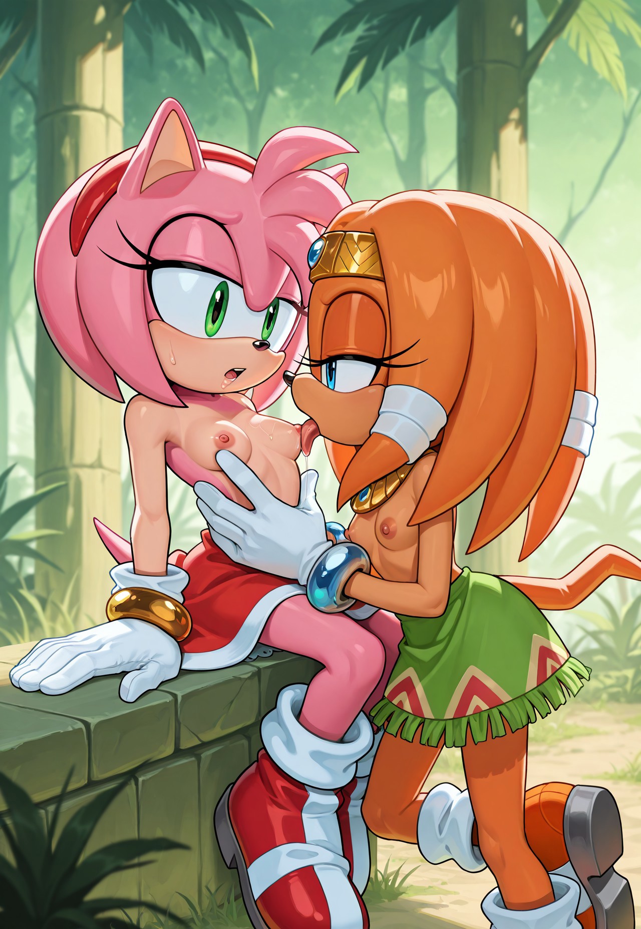ai generated, amy rose, breasts, female, furry, furry only, licking breast, licking nipples, nipples, outdoors, skirt, small breasts, sonic (series), tikal the echidna, topless, yuri