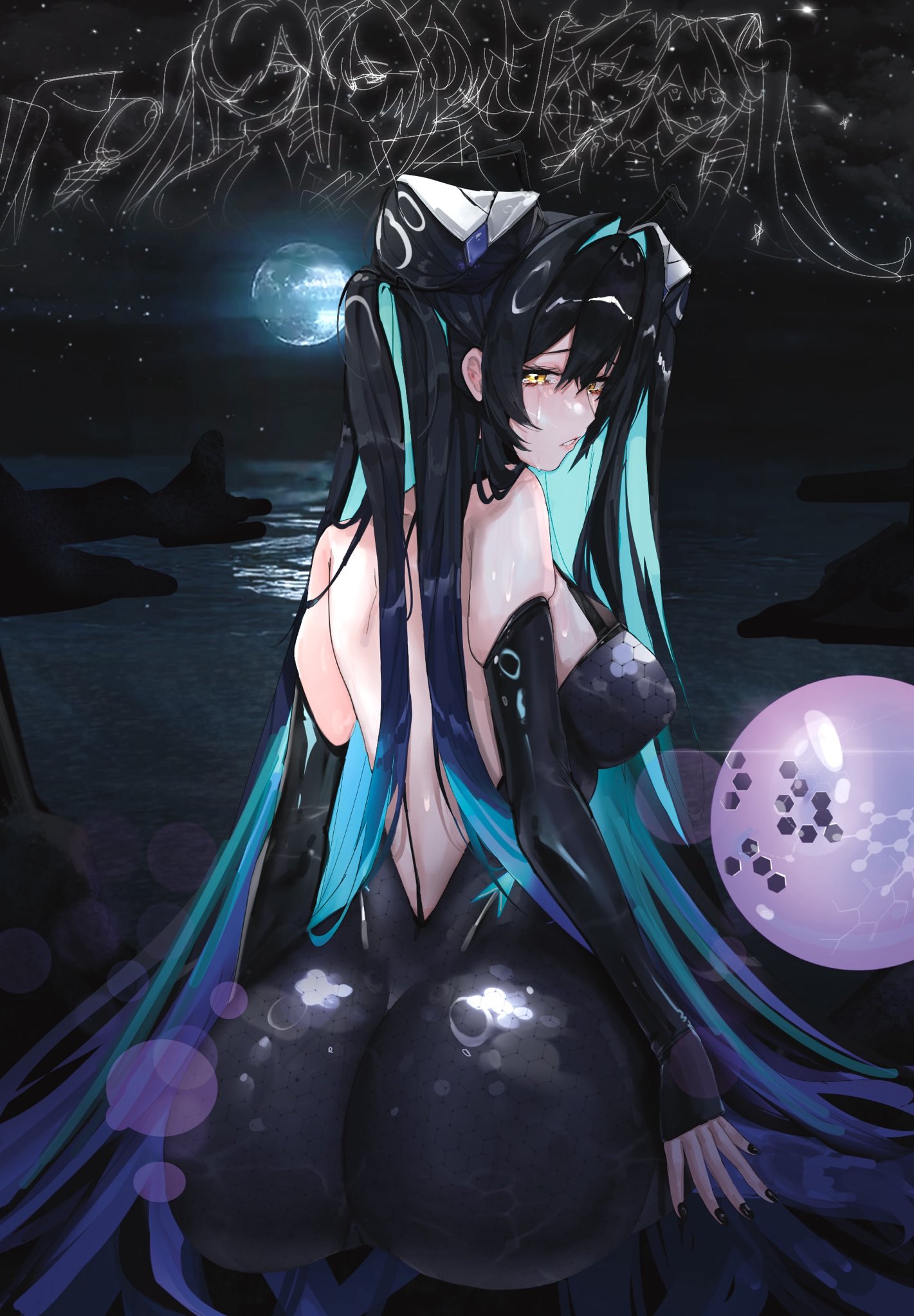aqua hair, ass, ass focus, bare shoulders, black hair, blush, bodysuit, breasts, bridal gauntlets, female, from behind, goddess of victory: nikke, hair ornament, huge ass, little mermaid (nikke), long hair, looking at viewer, medium breasts, multicolored hair, sideboob, siren (nikke), sitting, solo, tears, two-tone hair, very long hair, xmld404