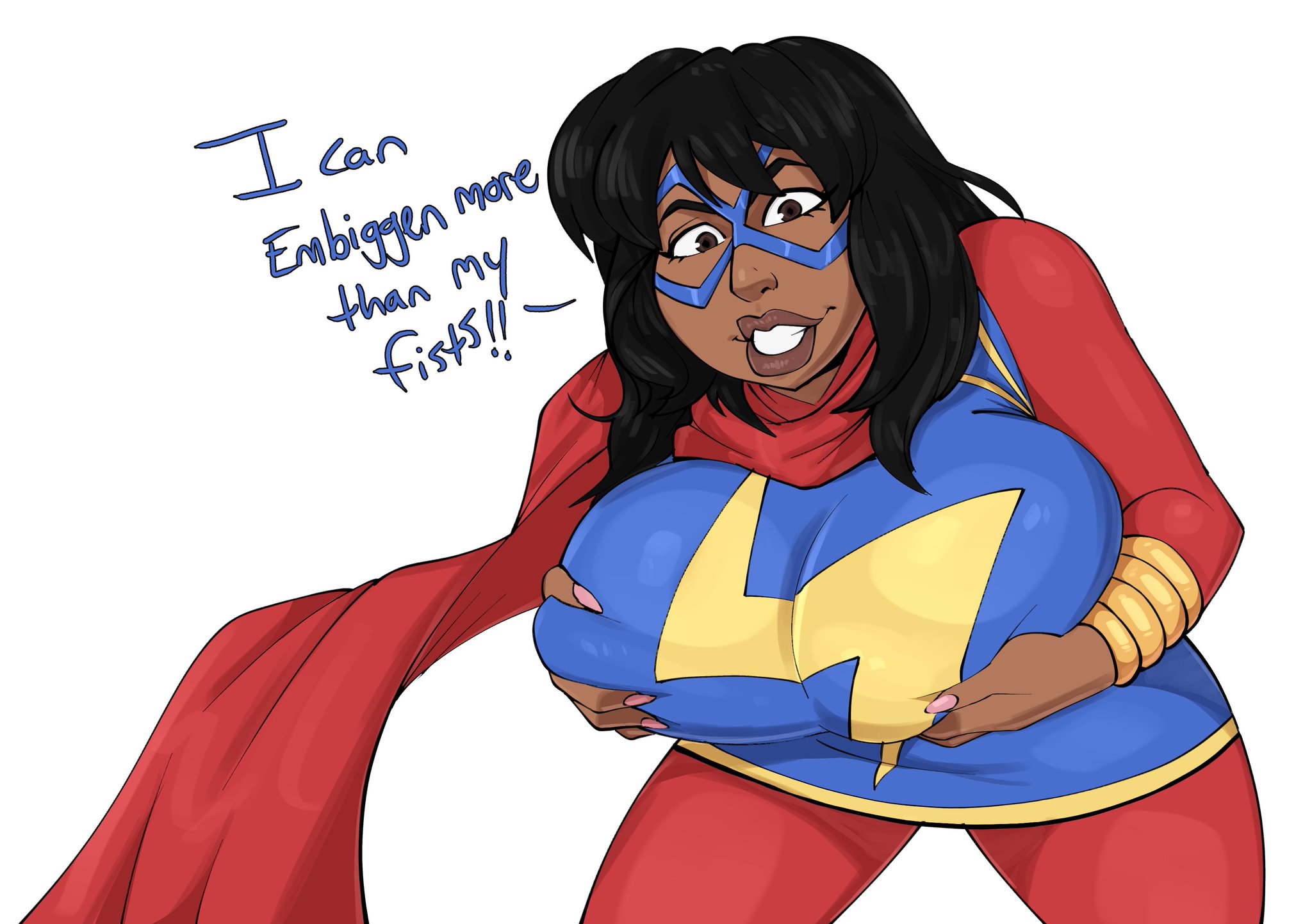 big breasts, breast expansion, breast growth, breast growth (enlargement), breasts, breasts squeezed together, brown eyes, brown hair, brown skin, brown skinned female, clothed, clothed female, dark-skinned female, english, english dialogue, english text, enlarged breasts, female, guillion (toshkarts), guillynsfw, huge breasts, kamala khan, large breasts, looking at viewer, marvel, marvel comics, mega milk, meme, ms. marvel, ms. marvel (kamala khan), muslim, muslim female, nerd, pakistani, pakistani female, panties, superhero, superheroine, white background