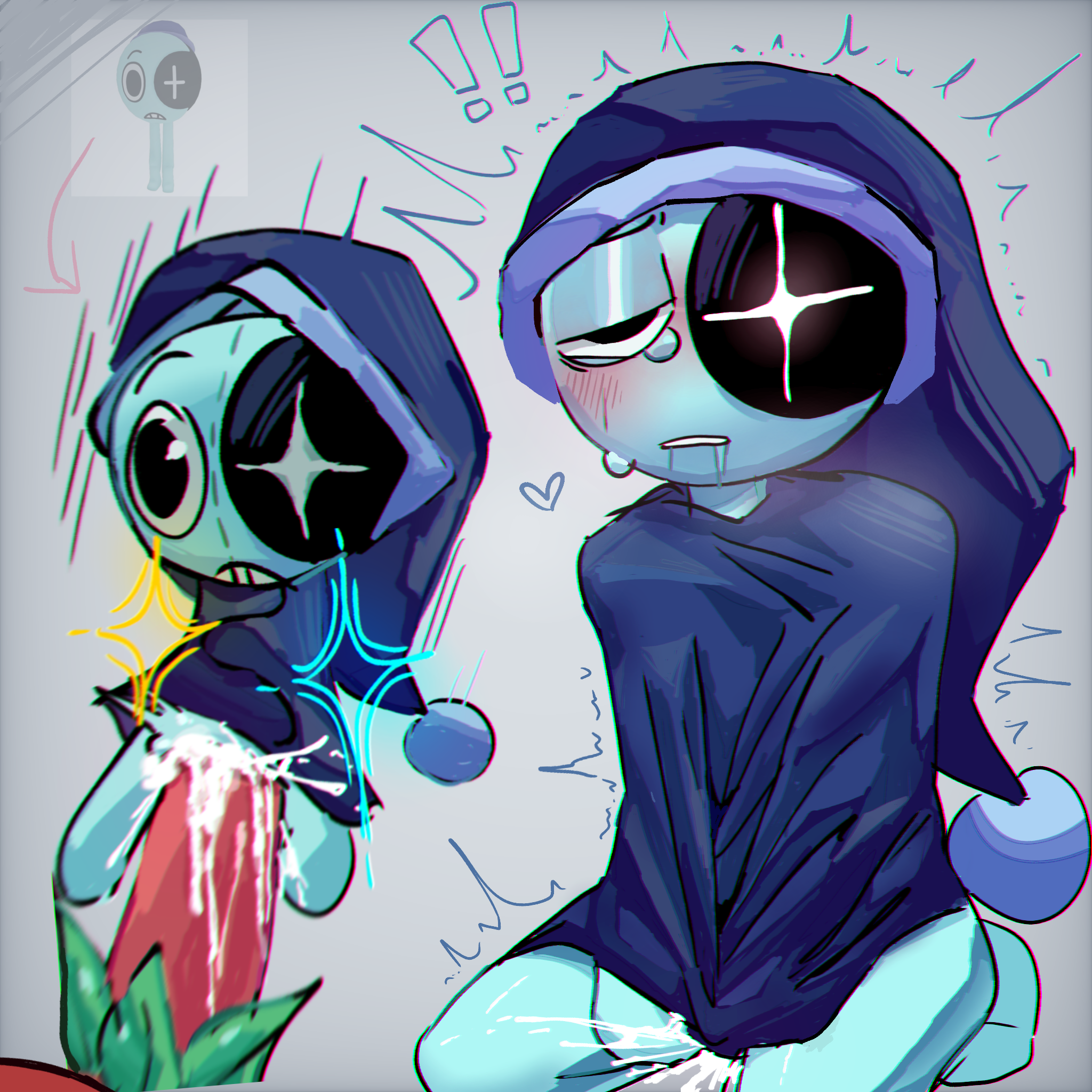 2boys, anonymous artist, astro (dandy's world), crying, crying with eyes open, cum, cum inside, dandy's world, drooling, male, male focus, penetration, plushie, plushophilia, semi nude, shaking, sprout (dandy's world), voodoo doll