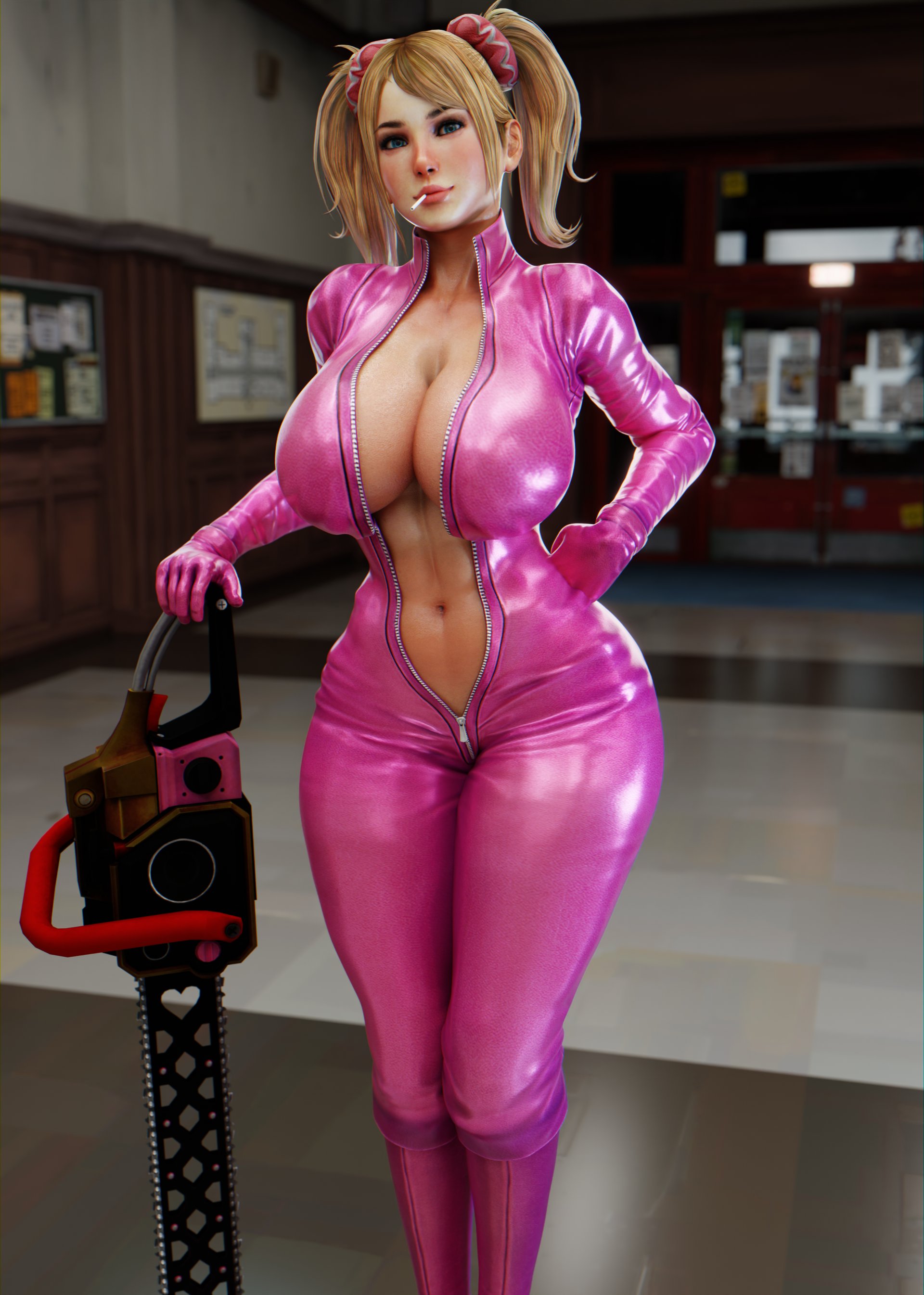 1girls, 3d, alternate version at source, alternate version available, big breasts, blonde hair, blue eyes, breasts, chainsaw, cleavage, female, female only, huge breasts, juliet starling, lollipop chainsaw, pigtails, solo, twintails, vensaku