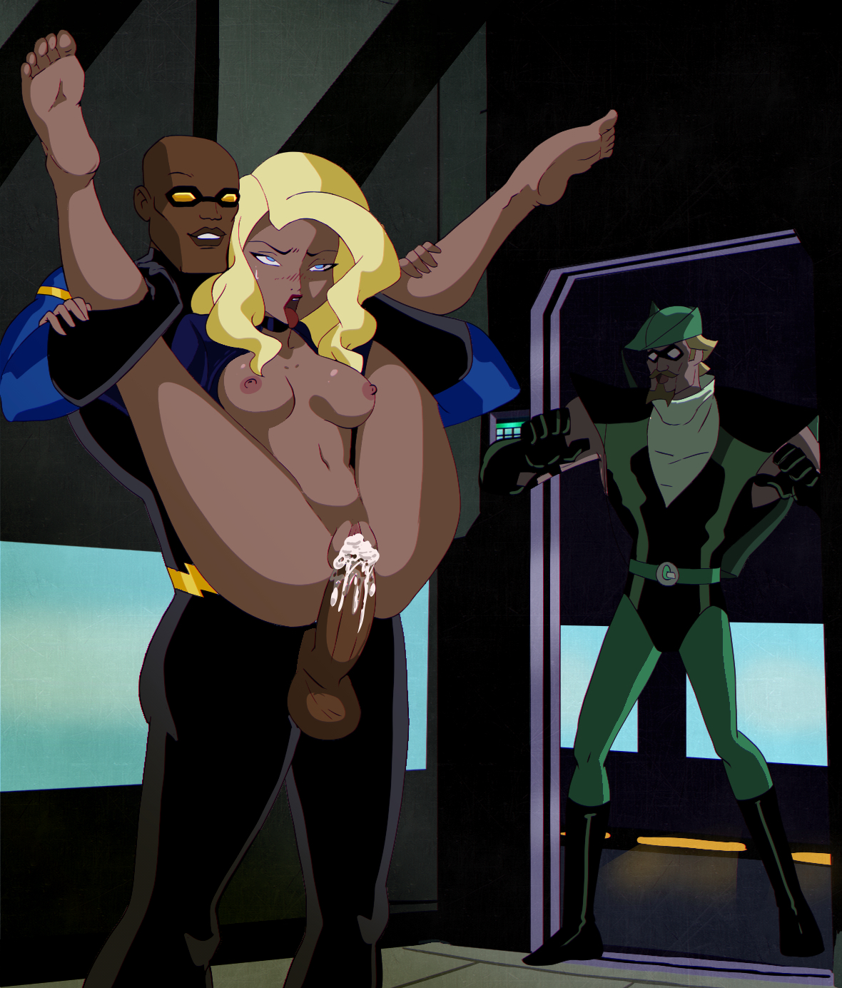 1girls, 2boys, ahe gao, black canary, black canary (dcau), black lightning, black lightning (series), blonde hair, blue eyes, breasts, caught in the act, choker, clothed male nude female, creampie, cuckold, cum, cum in pussy, cum inside, dark skin, dark-skinned male, dc, dc comics, dcau, dinah lance, excessive cum, female, full nelson, full nelson vaginal, green arrow, green arrow (series), hentainador, interracial, jefferson pierce, justice league, justice league unlimited, legs held up, legs up, light skin, light-skinned female, light-skinned male, male, nude, nude female, oliver queen, pussy, restrained, riding, standing sex, straight, taken from behind, vagina, vaginal penetration, vaginal sex