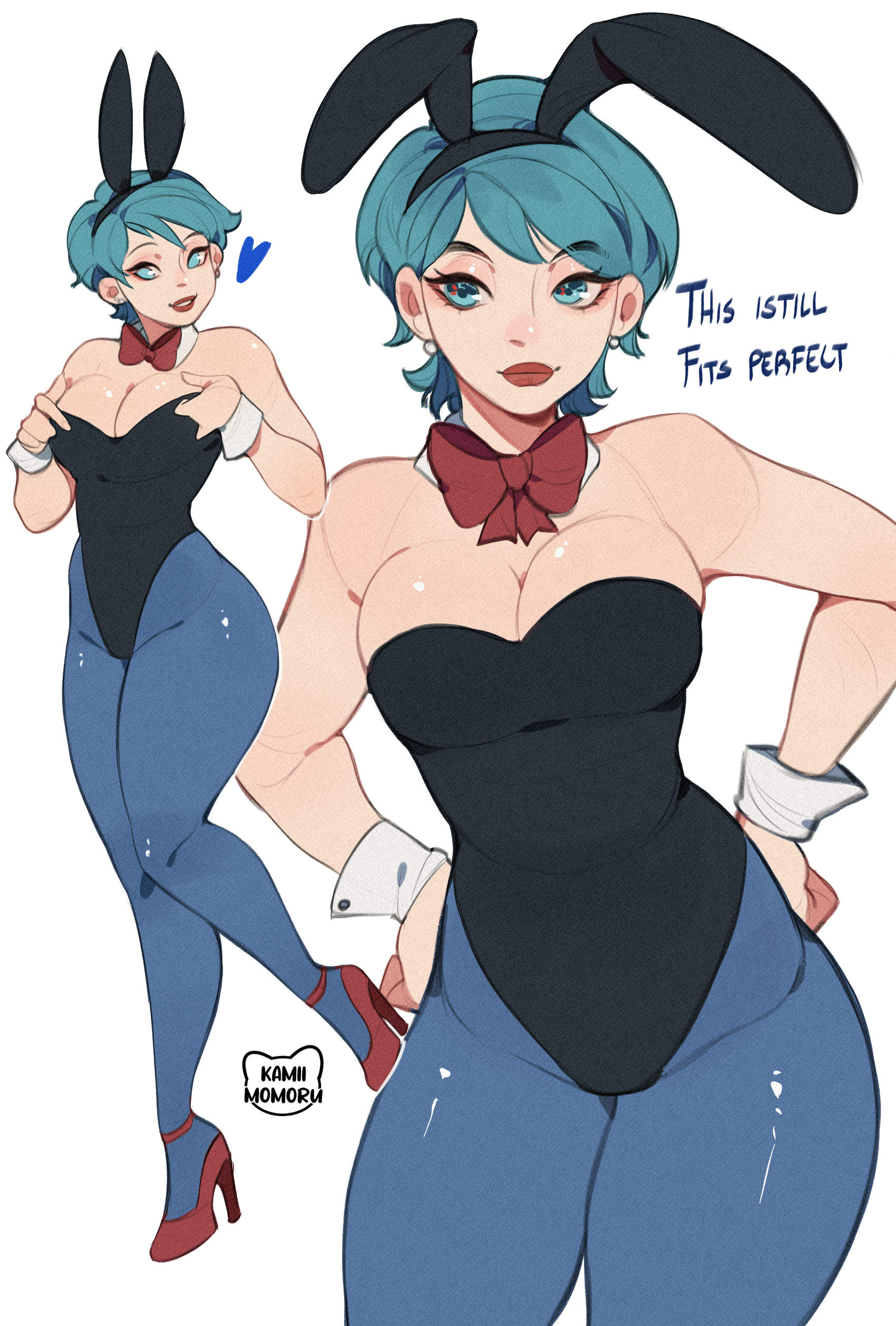 1girls, 2024, about to burst, barely contained, barely contained breasts, barely fits, blue eyes, blue hair, blue pantyhose, breasts too big, bulma briefs, bunny ears, bunnysuit, bursting breasts, detached collar, dragon ball, dragon ball super, english text, female, female only, hands on hips, heels, hi res, high heels, imminent wardrobe malfunction, kamii momoru, leotard, light blue hair, looking at viewer, milf, neck ribbon, playboy bunny, red heels, solo, text, tight fit, too tight, undersized clothes, undersized clothing, white background, wrist cuffs