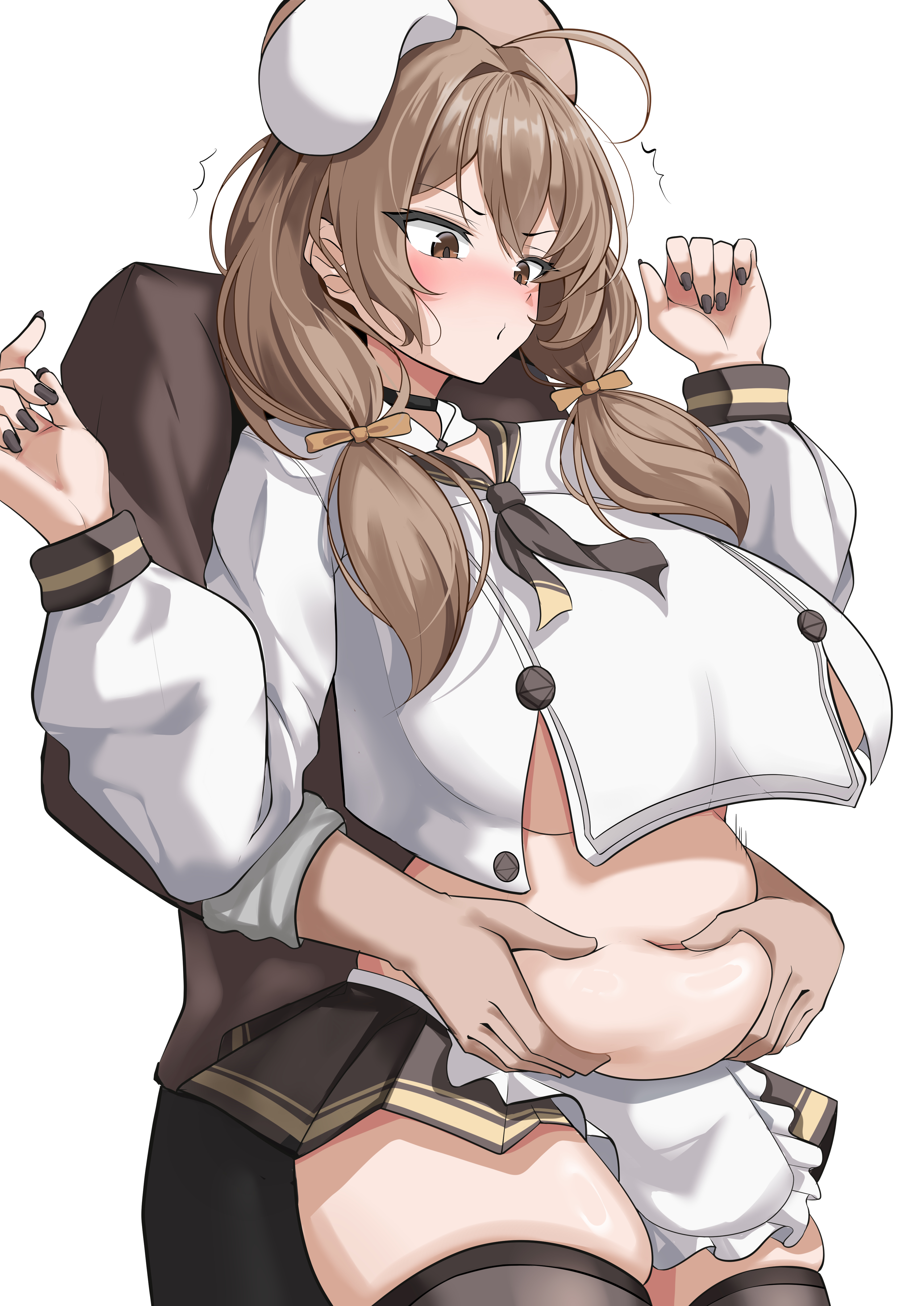 1boy, 1girls, absurd res, apron, apron only, bbw, belly, belly grab, big breasts, blush, bready (nikke), breasts, brown eyes, brown hair, chubby, chubby female, clothed, clothing, digital media (artwork), eyebrows, eyelashes, female, glistening, glistening body, goddess of victory: nikke, grabbing belly, headgear, headwear, hi res, hourglass figure, huge breasts, light skin, light-skinned female, light-skinned male, male, male/female, motion lines, plump, sekkno, thick thighs, unseen male face, video games, voluptuous, voluptuous female, wide hips