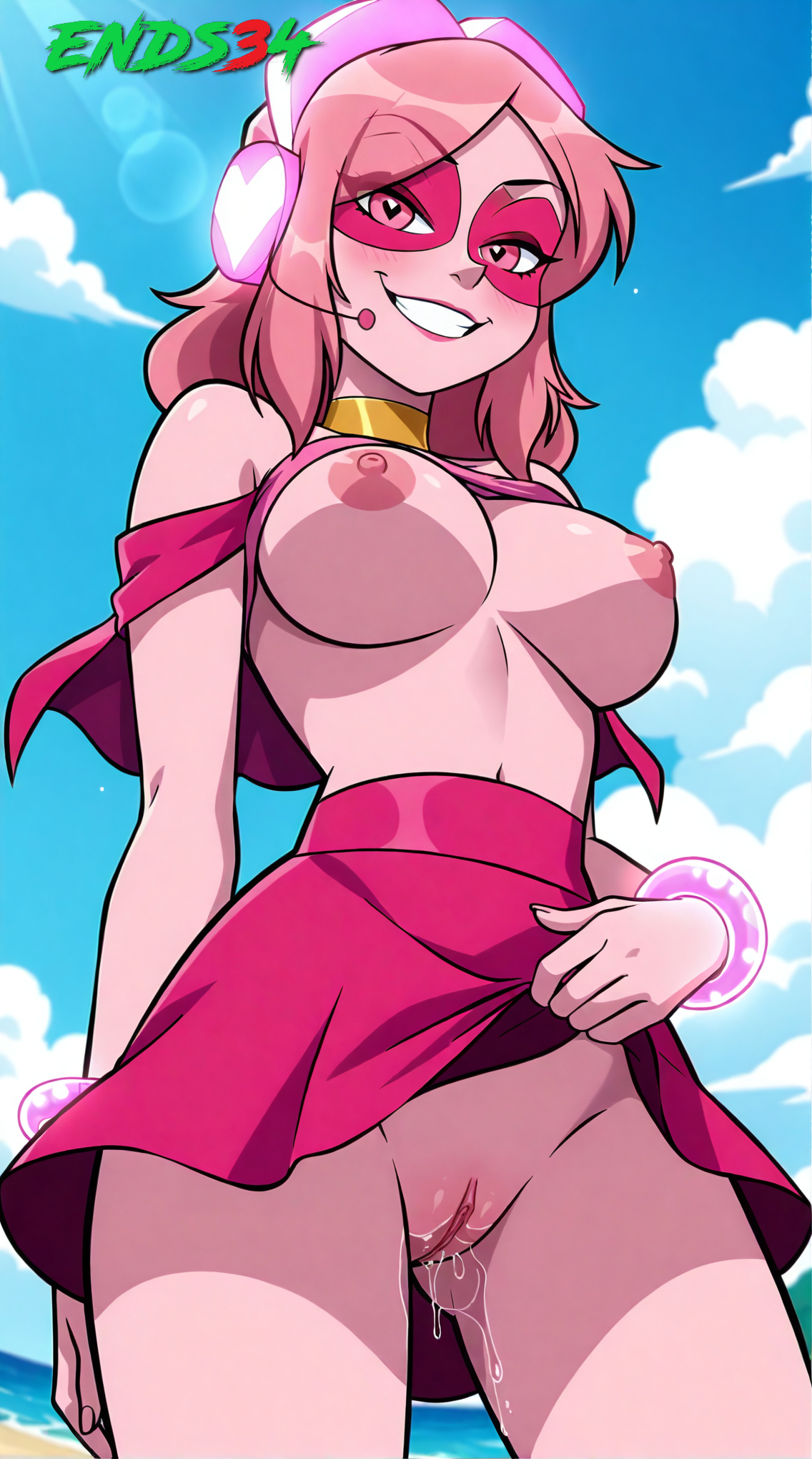 ai generated, beach, big breasts, breasts, ends34, female, female only, miss heed (villainous), pink eyes, pink hair, pussy, pussy juice, sexy, show pussy, skirt, villainous