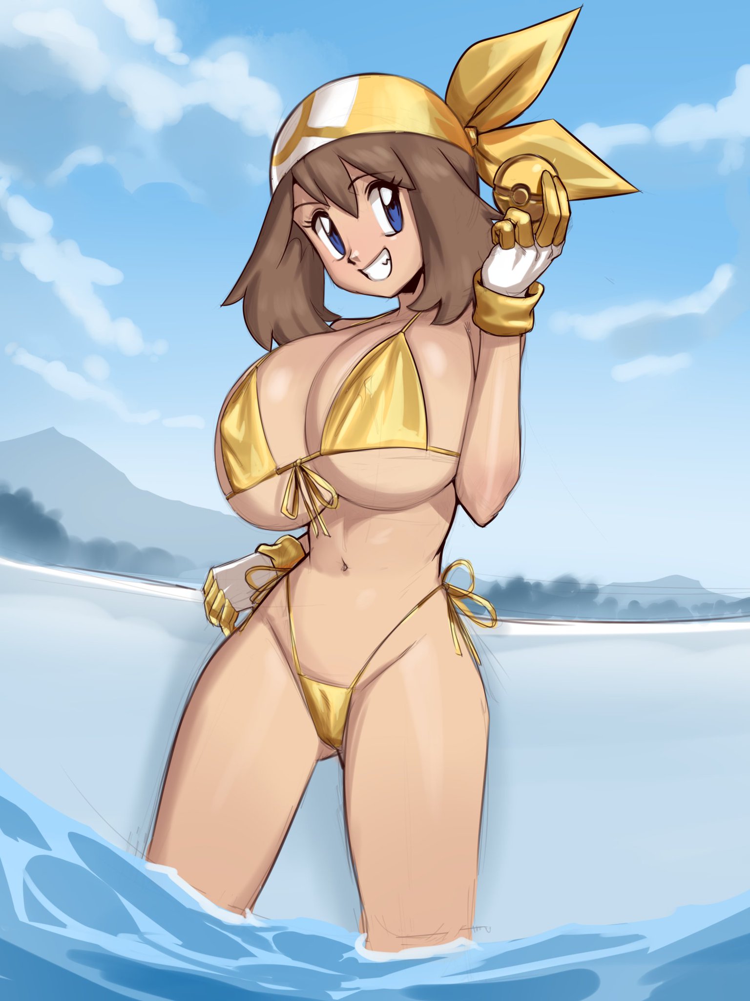 1girls, ass visible through thighs, background, bandana, belly button, big breasts, bikini, bikini bottom, bikini top, blue eyes, breasts, breasts bigger than head, brown hair, camel toe, cameltoe, fang, fangs, female, forest, gloves, gold bikini, golden bikini, golden bikini bottom, golden bikini top, golden week, holding object, holding poke ball, huge breasts, in water, large breasts, may (pokemon), mountain, mountains, mystical, nipple bulge, nipples, nipples visible through clothing, plantpenetrator, pokeball, pokemon, pussy, pussy visible through bikini, pussy visible through clothes, sketch, sketchy, smiling, thighs, tree, water