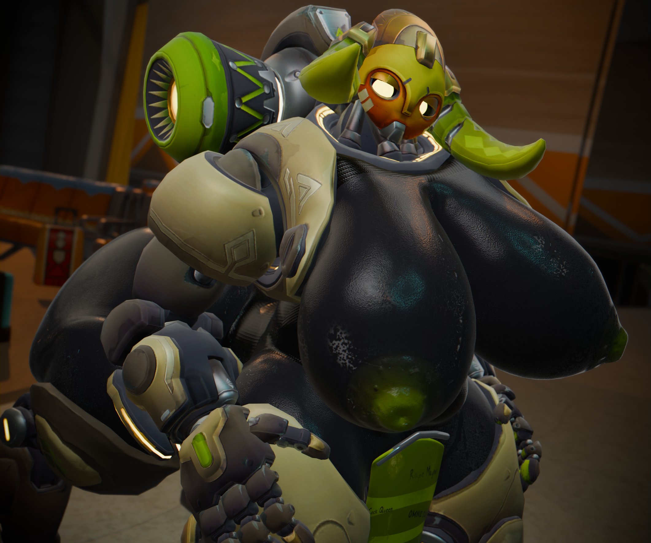 1girls, 3d, big breasts, blizzard entertainment, breasts, female, female only, huge breasts, nipples, orisa, overwatch, robot, robot girl, solo, vensaku