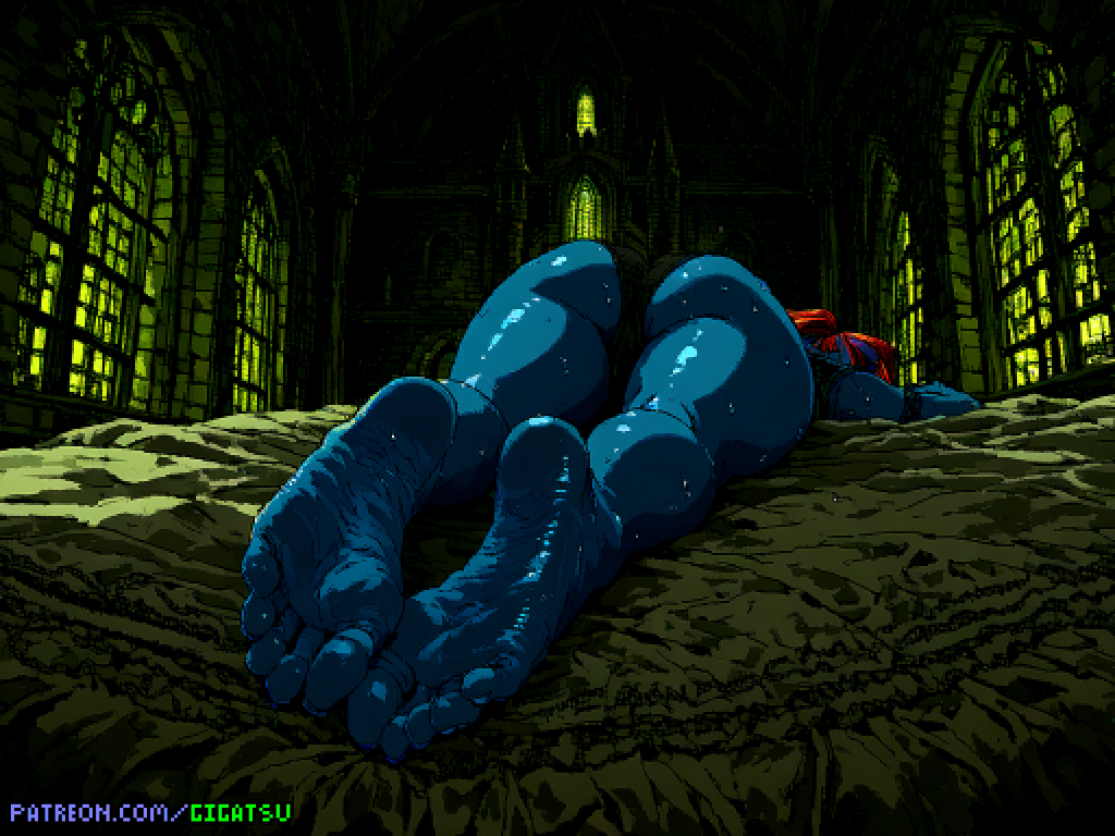 ai generated, ass, ass focus, barefoot, blue skin, dark theme, feet, female, foot fetish, foot focus, from behind, gigatsu, lying, lying on stomach, pixel art, sole female, soles, sweat, toes, undertale, undertale (series), undyne