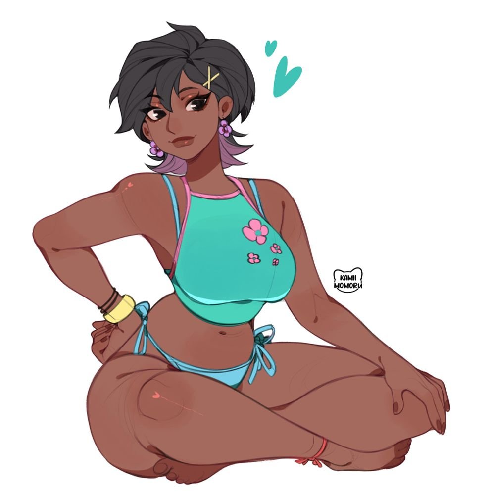 <3, 1girls, andrea (kamii momoru), black eyes, black hair, brown skin, crossed legs, dark skin, dark-skinned female, earrings, female, female only, kamii momoru, looking at viewer, original, original character, panties, short hair, side-tie panties, sitting, smiling, smiling at viewer, solo, swimsuit, topwear, white background